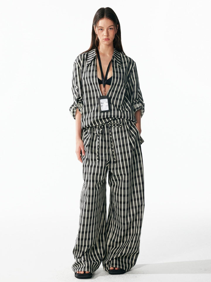 ALINNVSTUDIO Minimalist Loose Fit Square Neck Plaid Pullover Women Top & Pants Sets