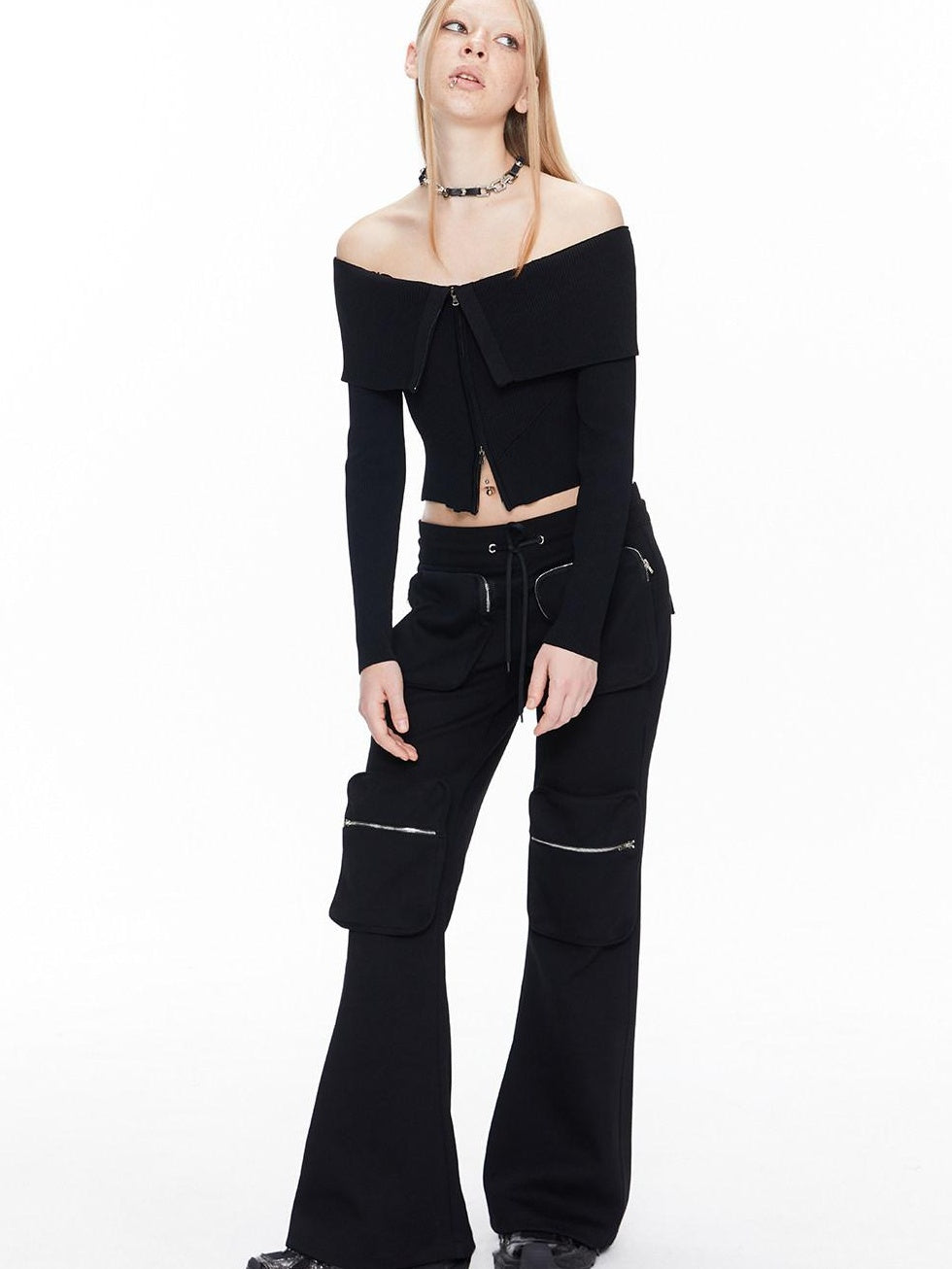 ALINNVSTUDIO Black Long Sleeve One Size Open Front Office Style Solid Off Shoulder Crop Tops