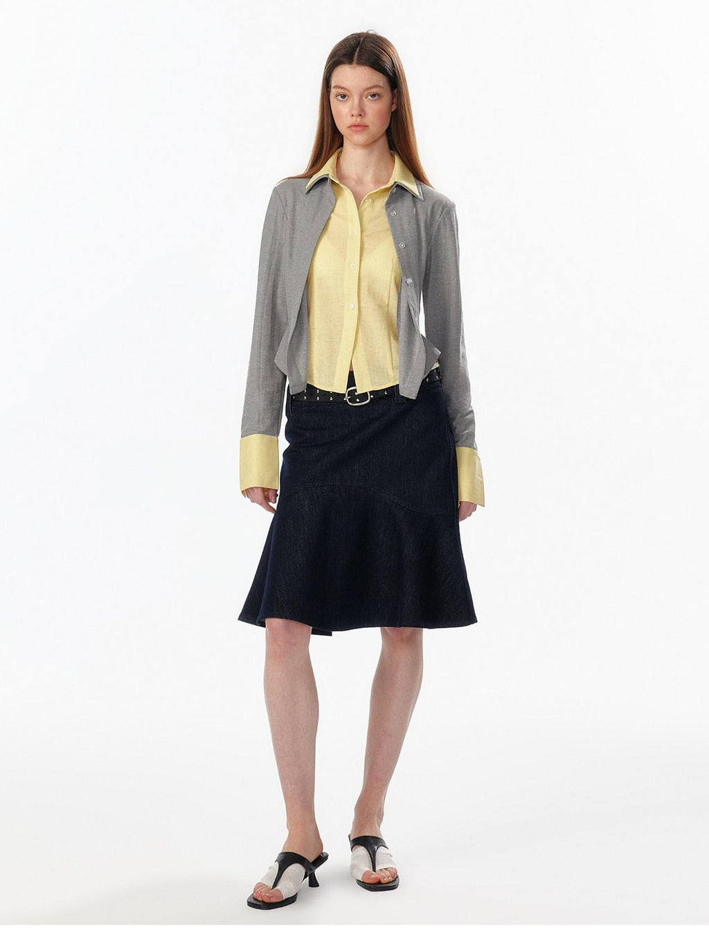 ALINNVSTUDIO Colorblock Faux Layered Slim Waist Cropped Cardigan Longsleeve Womens Shirts