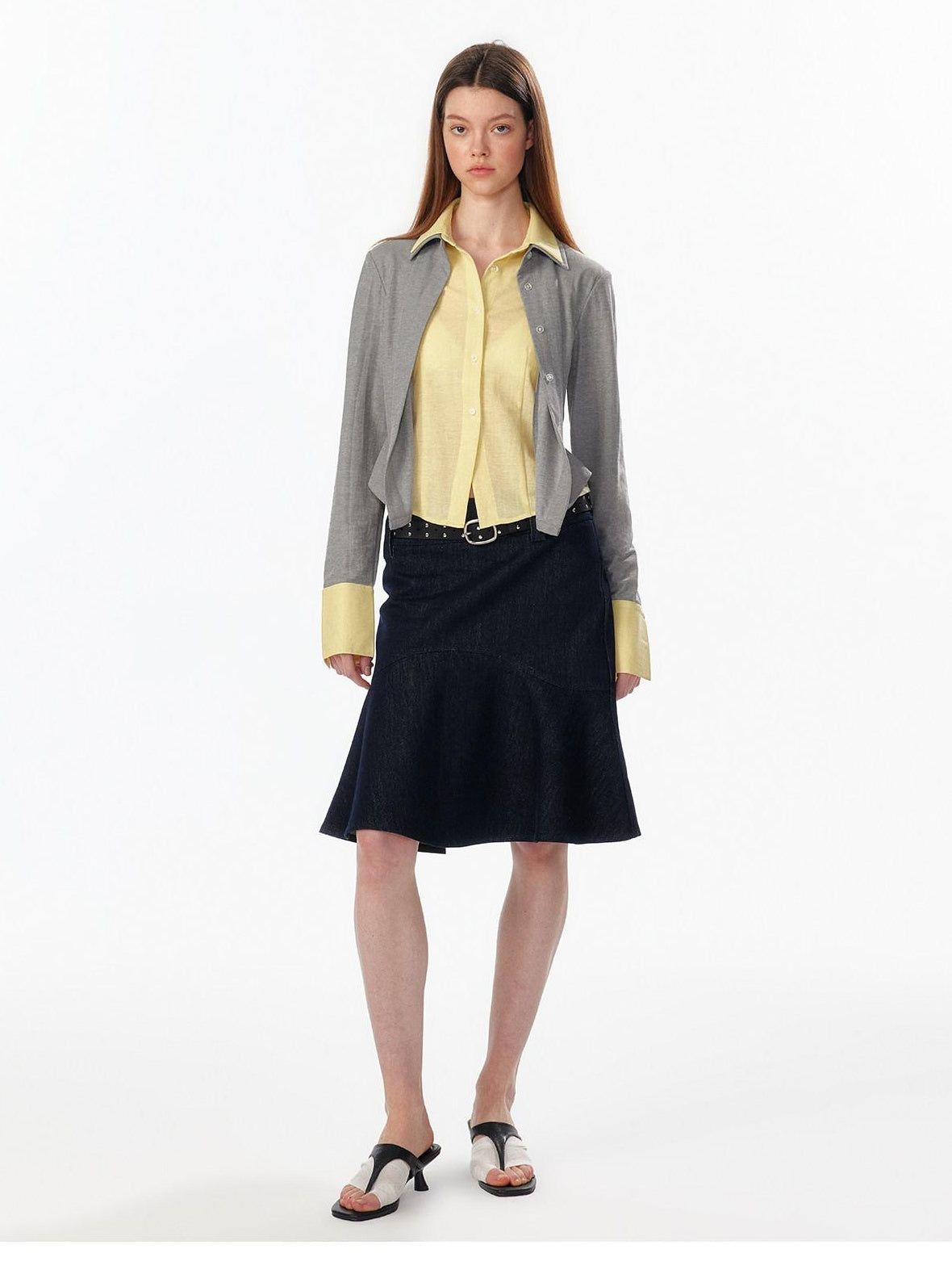 ALINNVSTUDIO Colorblock Faux Layered Slim Waist Cropped Cardigan Longsleeve Womens Shirts