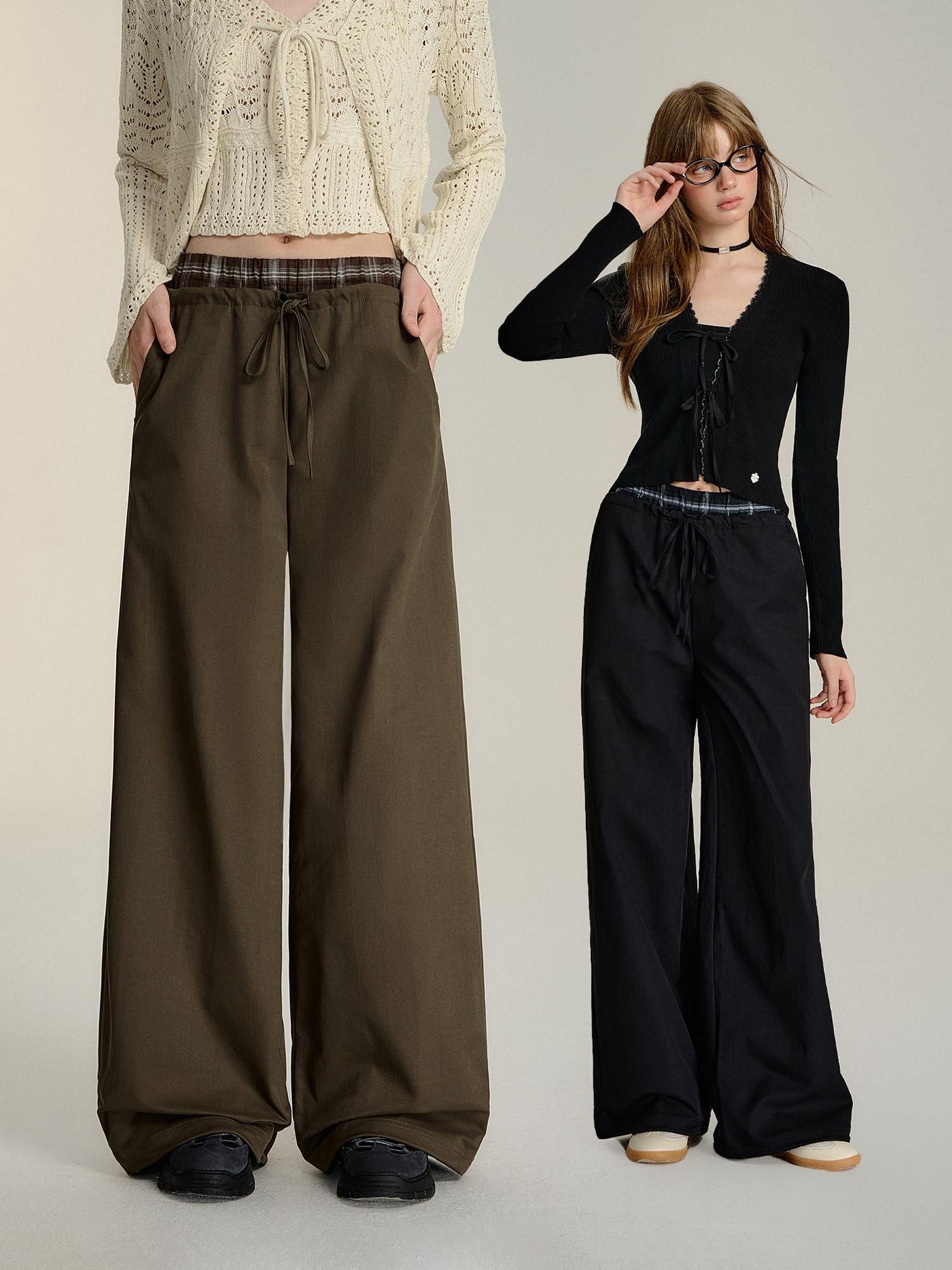 SOMESOWE Minimalist Double Waist Drawstring Natural Waist Office Women Wide Leg Pants