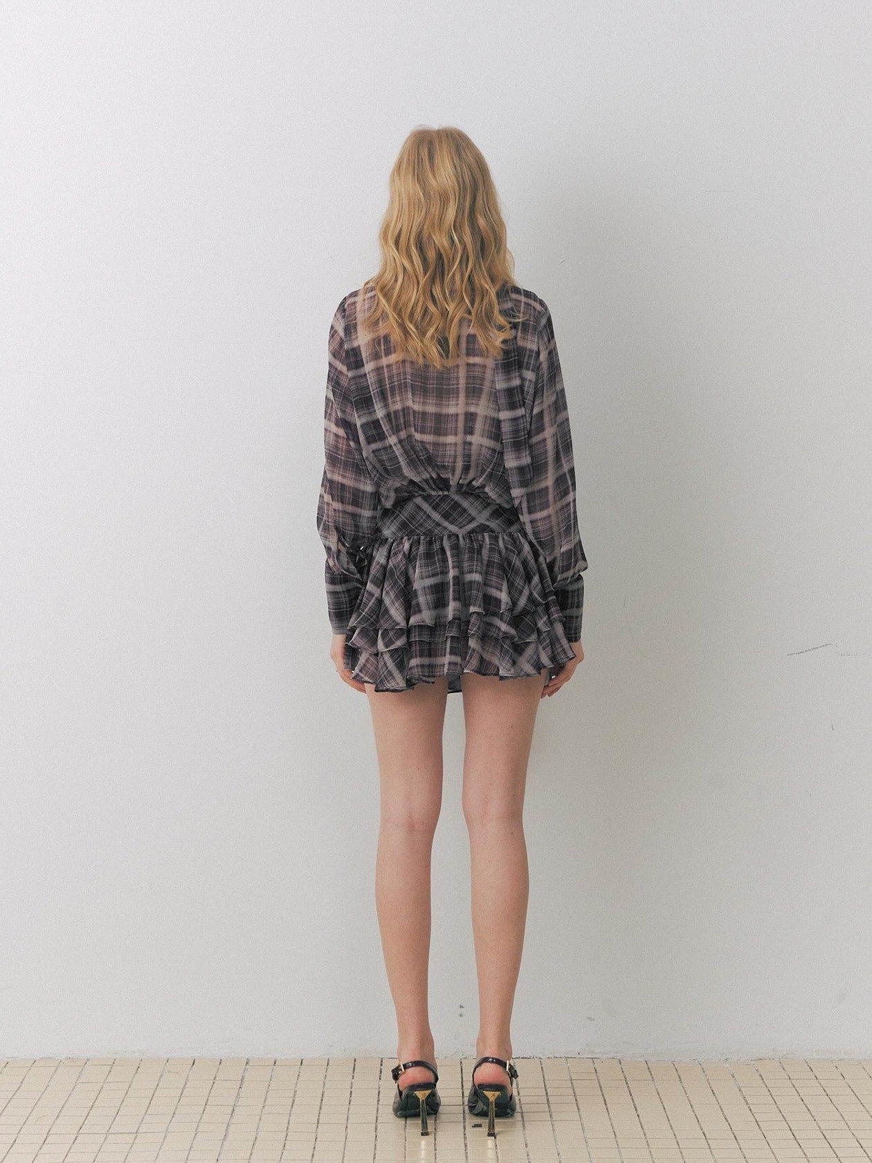 DeleteEx Chic Vintage Asymmetrical V-neck Slim Long Sleeve Plaid Citywalk Mini Dresses