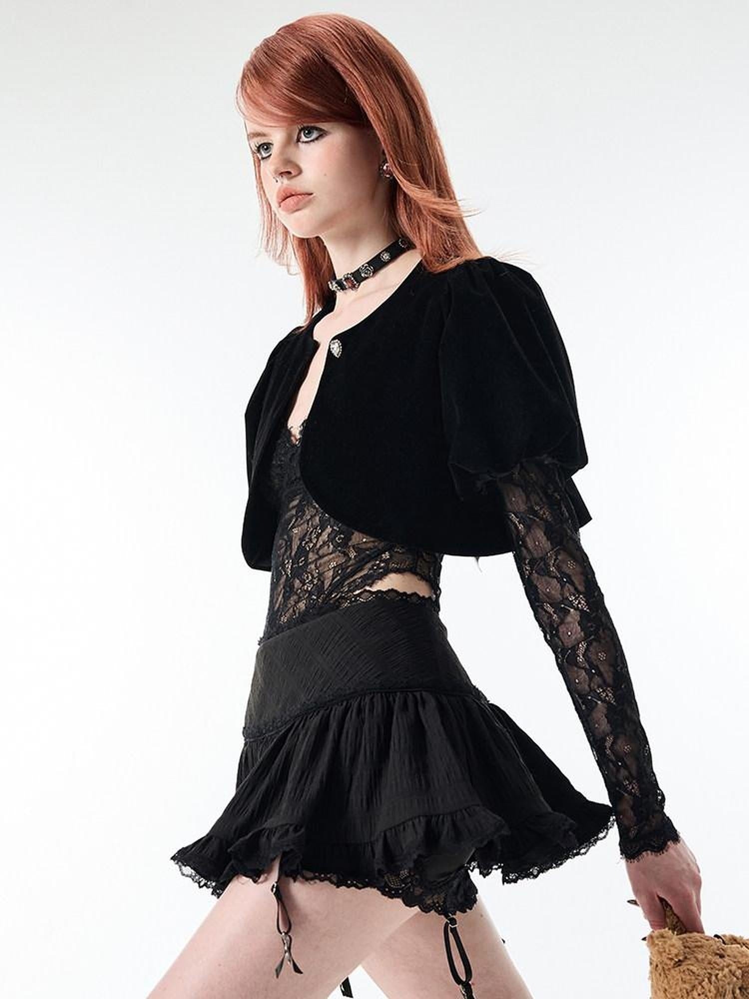 1JINN STUDIO Lace Tiered A Line Mid Waist Commuter Daily Youth Black White Mini Skirts