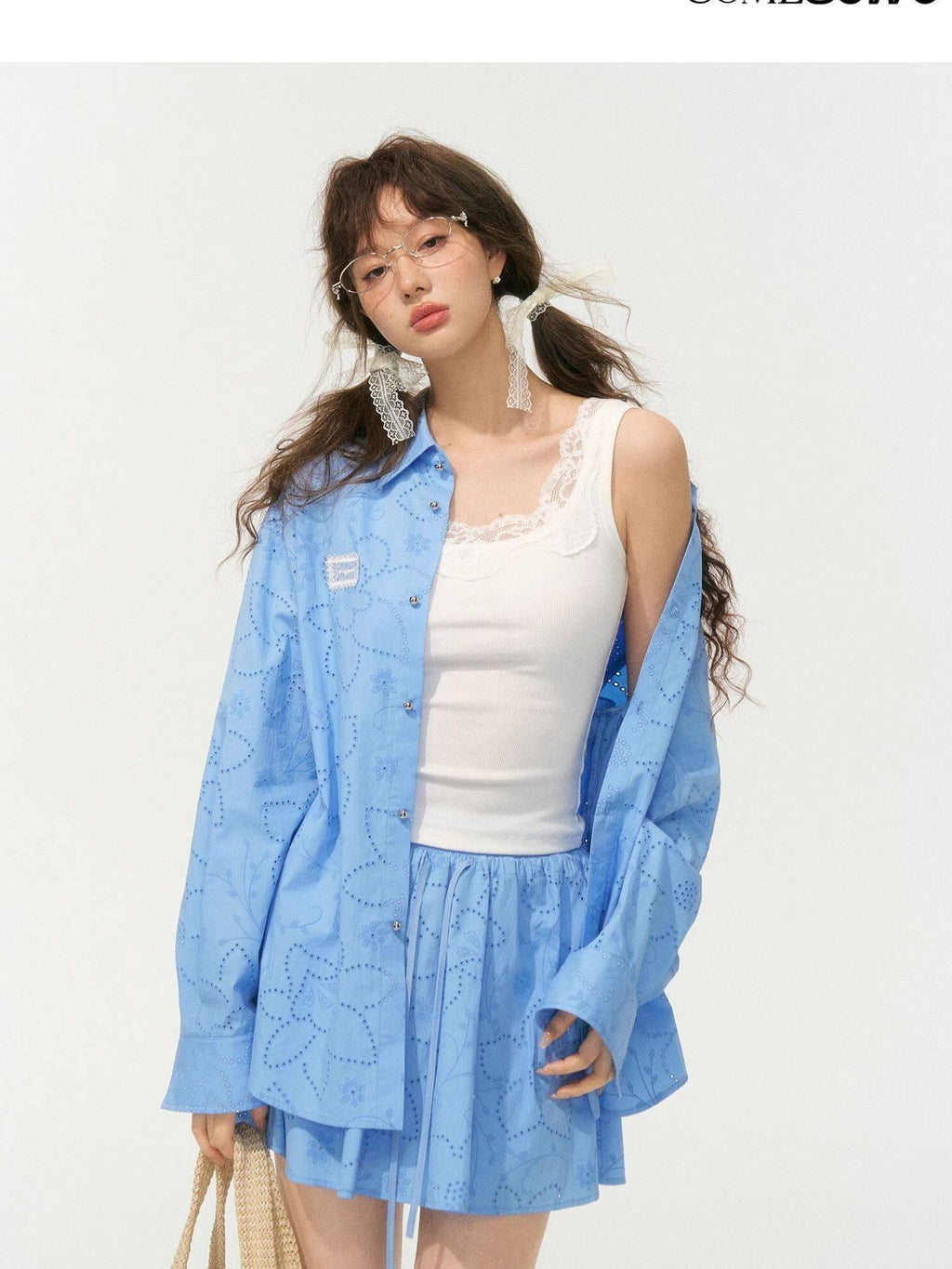 SOMESOWE Floral Cotton Collared Button Long Sleeve Casual Women Top & Skirt Sets