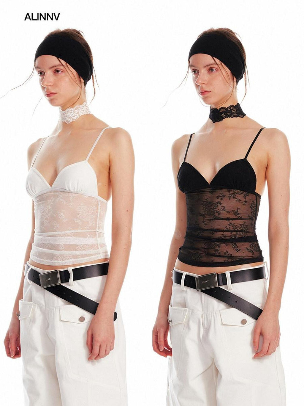 ALINNVSTUDIO Lace Slim Fit Spaghetti Strap Short Solid Color Women Camisoles