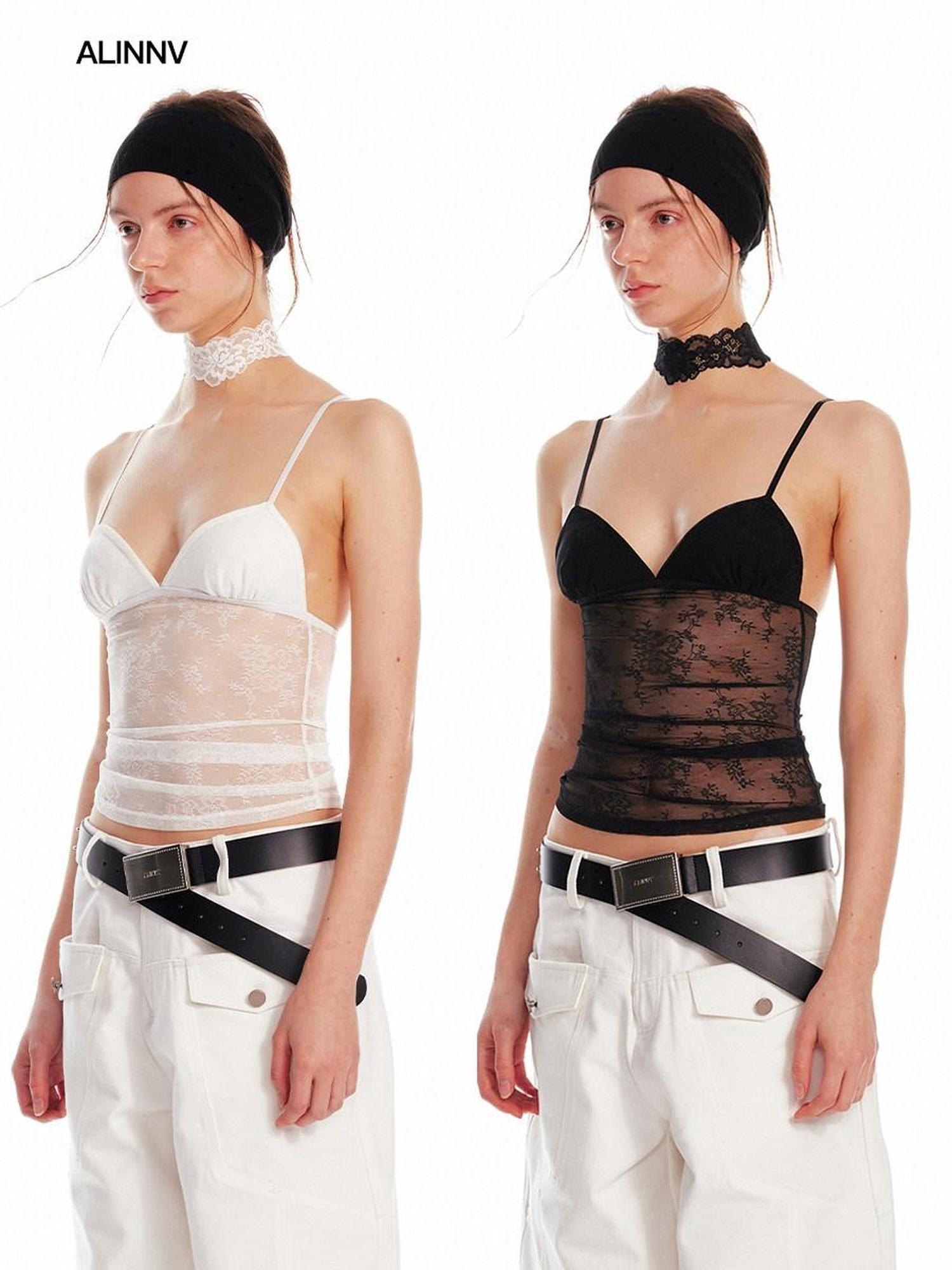 ALINNVSTUDIO Lace Slim Fit Spaghetti Strap Short Solid Color Women Camisoles