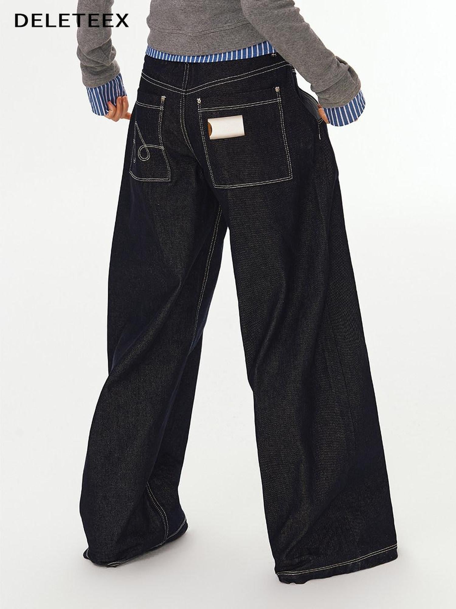 DeleteEx Dark Indigo Original Denim Relaxed Natural Waist Loose Casual Wide Leg Jeans