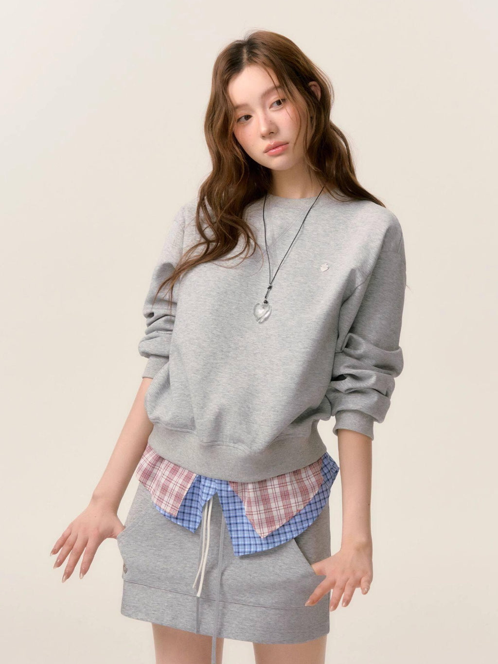 SOMESOWE Cotton Crew Long Sleeve Casual Mini Skirt Women Gray Navy Top & Skirt Sets