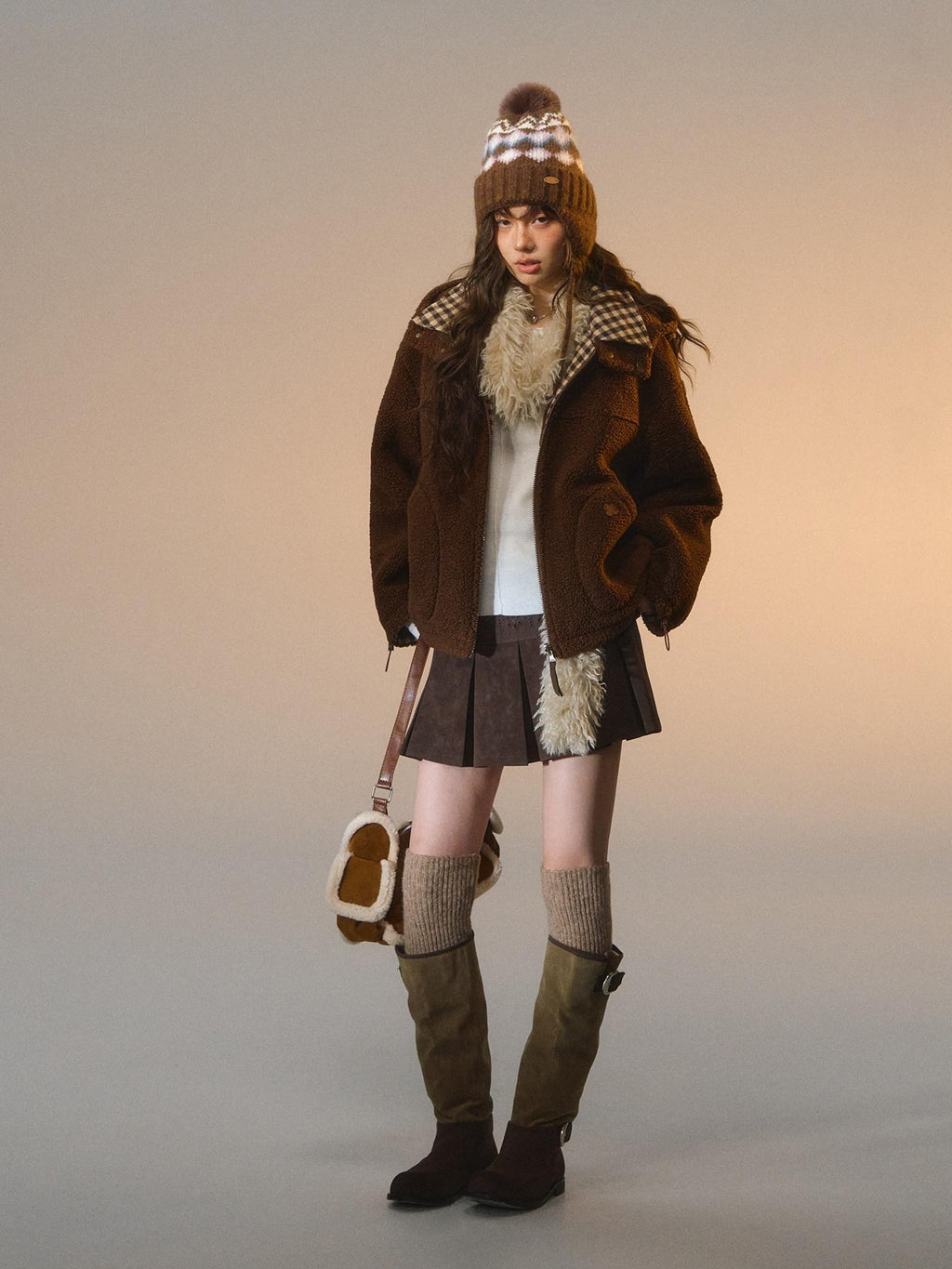 SOMESOWE Reversible Plaid Loose Fit Short Button Women Brown Polyester Jackets