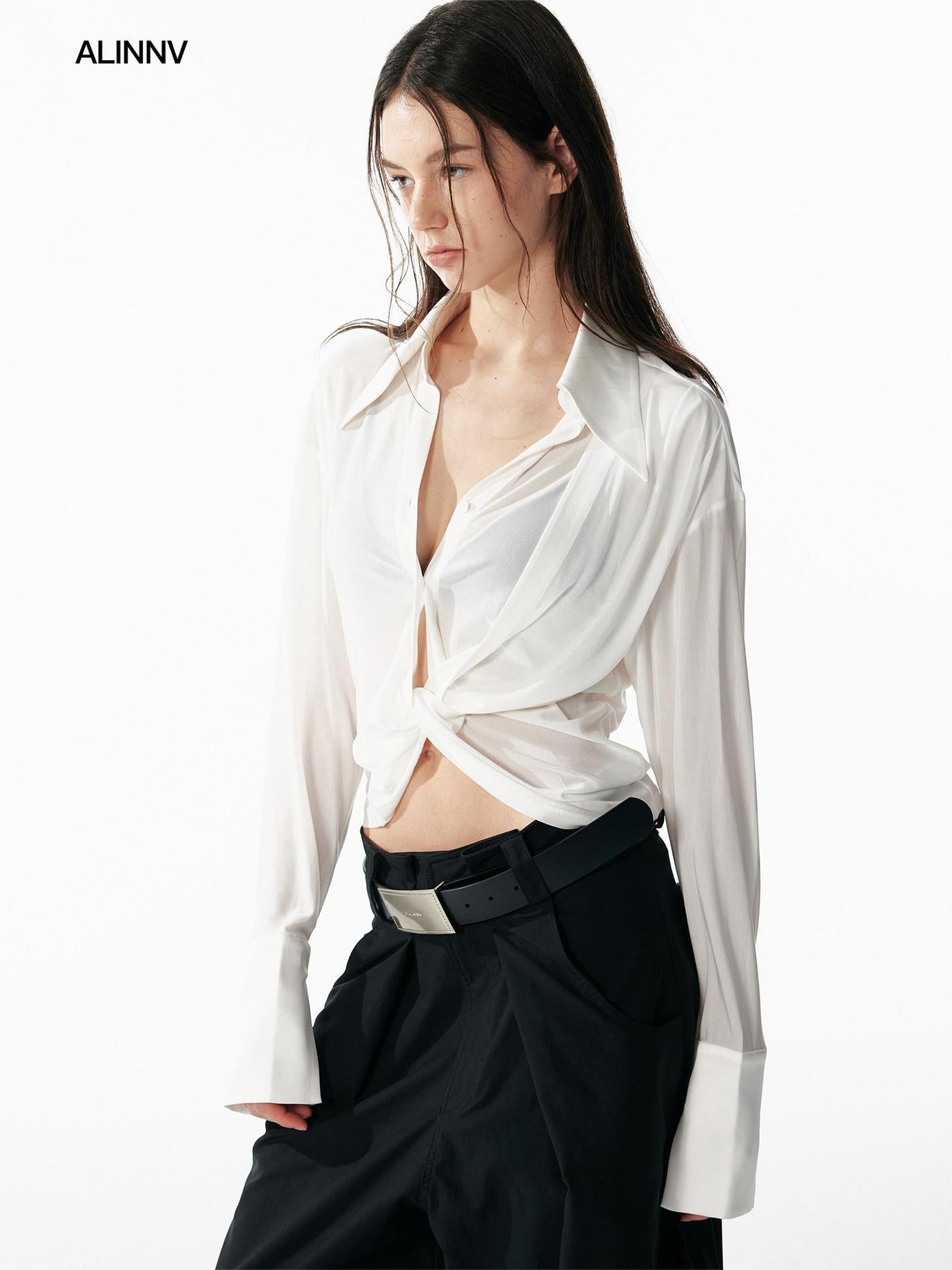 ALINNVSTUDIO Cooling Lightweight Breathable Asymmetric V-neck Slim Fit Open Front Women Blouses