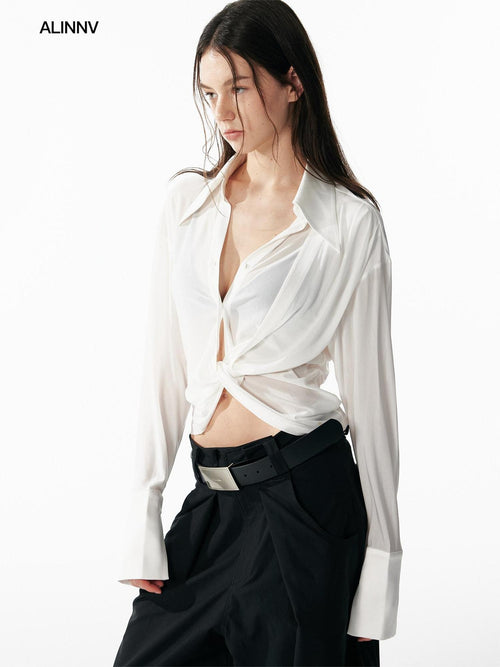ALINNVSTUDIO Cooling Lightweight Breathable Asymmetric V-neck Slim Fit Open Front Women Blouses