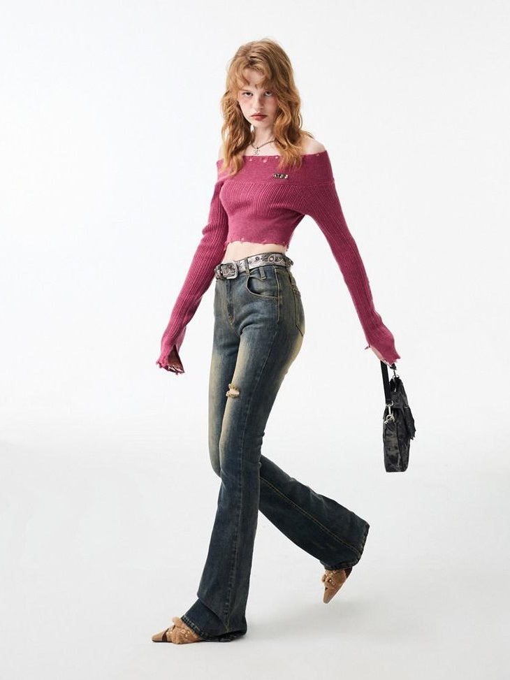 1JINN STUDIO Thick Micro Stretch Vintage Washed Slim Natural Waist Women Denim Flared Jeans