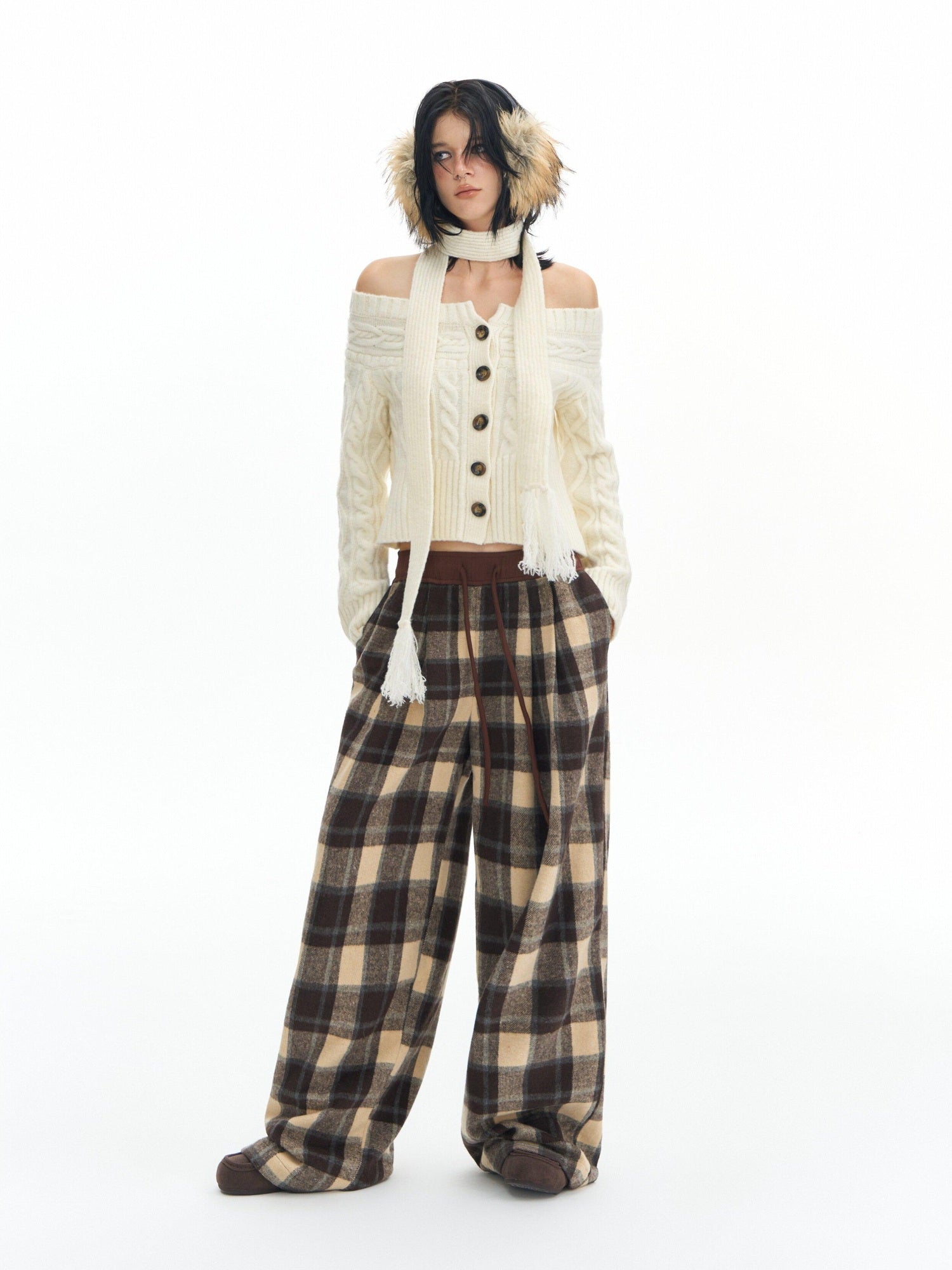 DeleteEx High Waist Vintage Plaid Womens London Polyester Wide Leg Pants