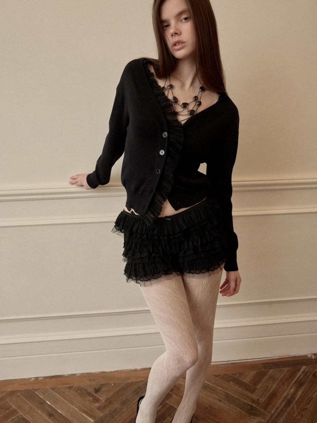 1JINN STUDIO Lace Trim Cropped Button Knit Long Sleeve Women Wool Blend Cardigans