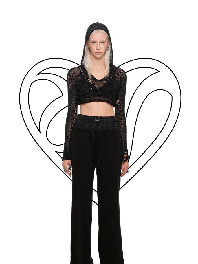 1JINN STUDIO Ripped Hooded Slim Fit Sweet Pullover Women Solid Long Sleeve Crop Tops