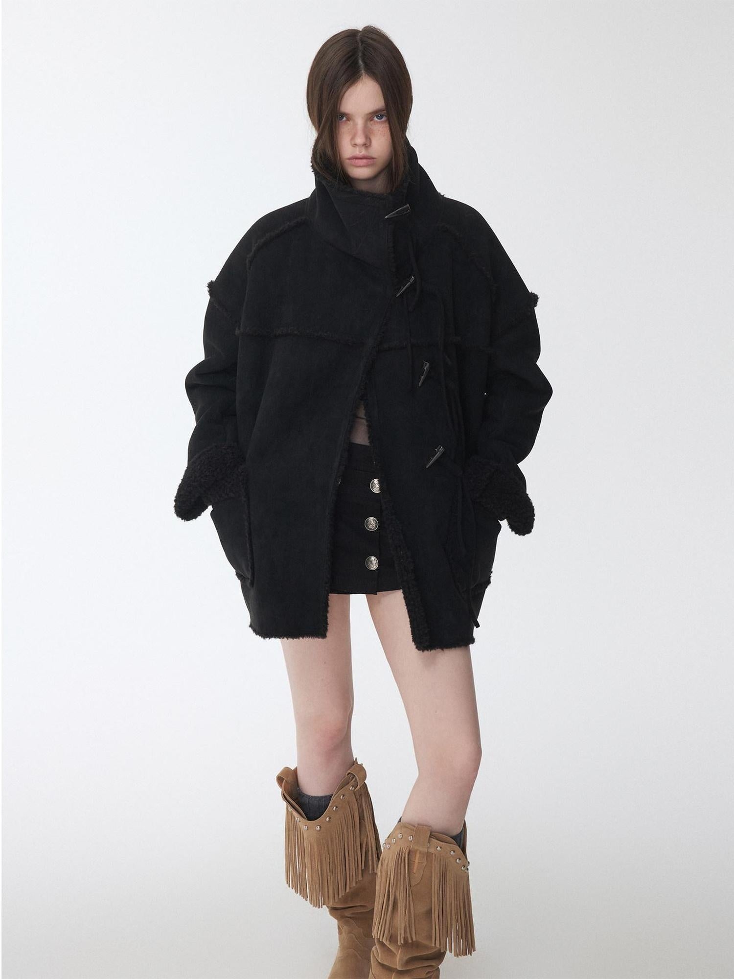 1JINN STUDIO Reversible Vintage Stand Collar Short Button Womens Chic Faux Fur Coats
