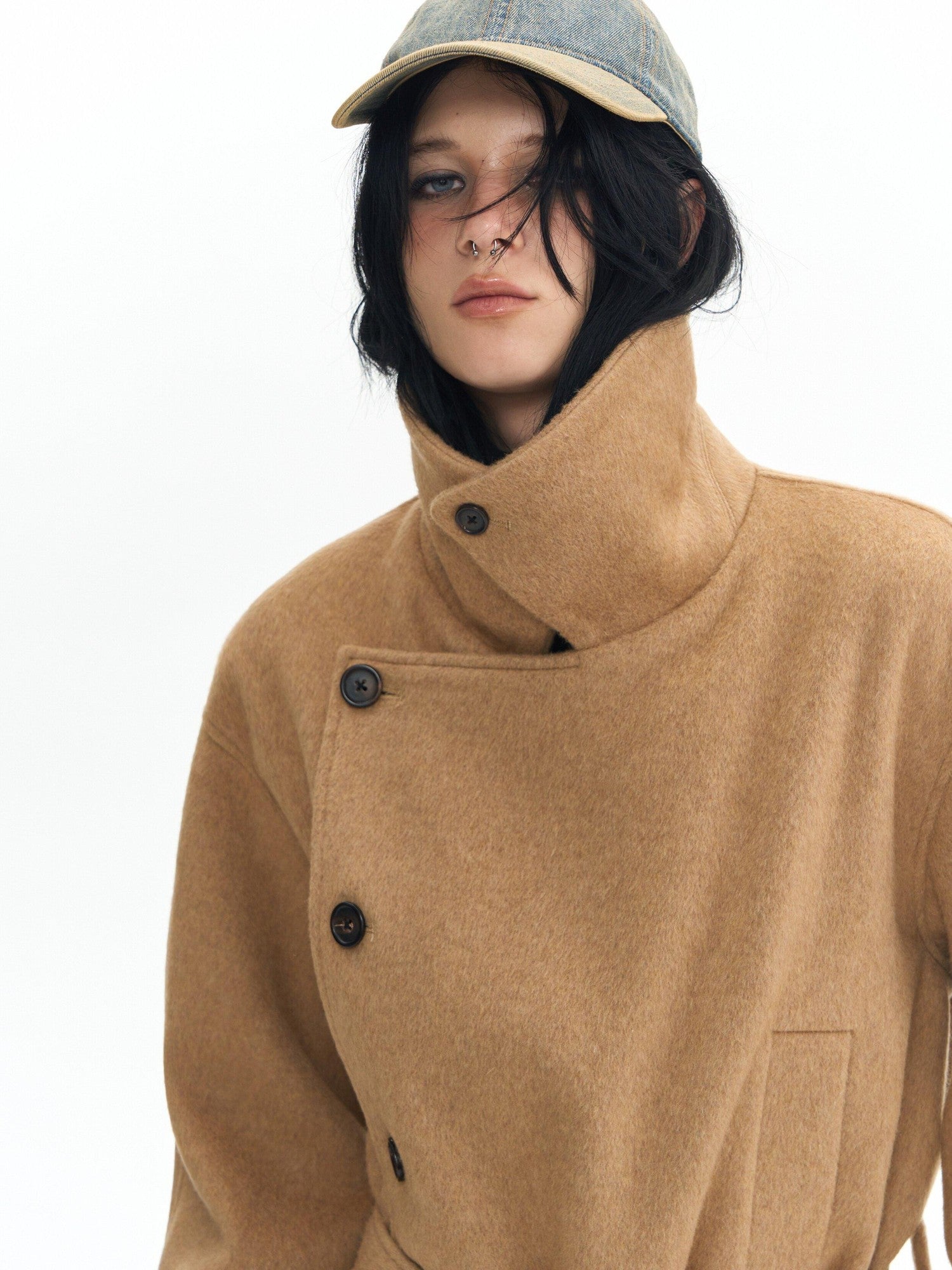 DeleteEx Thick Half Wool Blend American Cropped Lapel Young Women Khaki Wool Coats