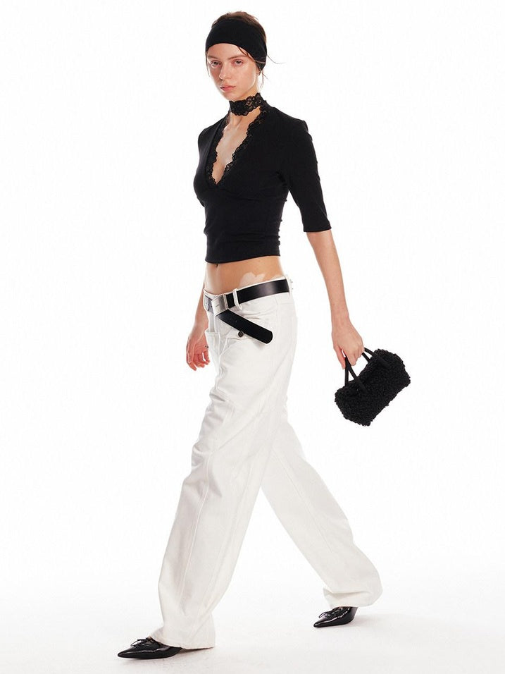 ALINNVSTUDIO Lace Trim V-neck Slim Fit Office Half Sleeve Solid Black White Basic Crop Tops
