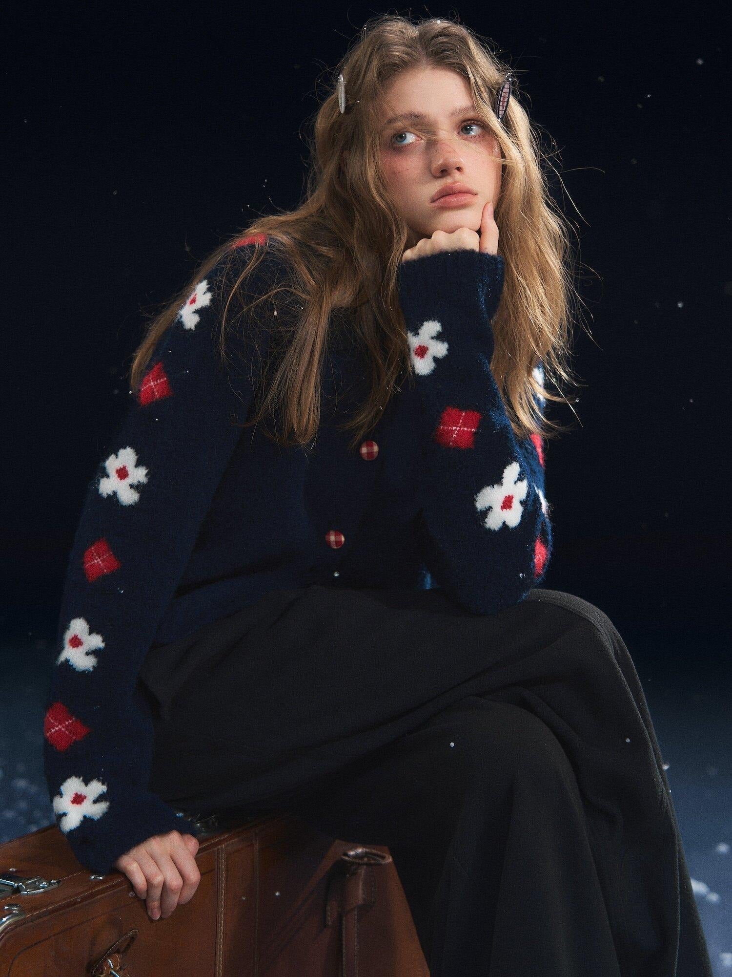 SOMESOWE Floral Embroidered Vintage Lapel Button Navy Long Sleeve Casual Women Cardigans