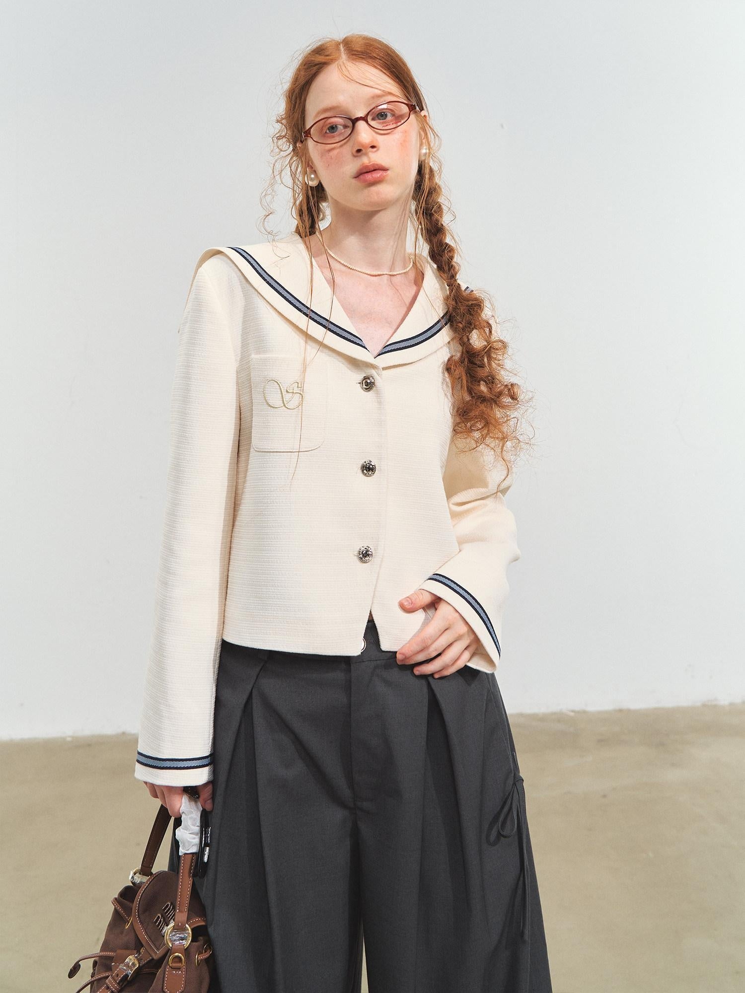SOMESOWE Shape Retention Navy Inspired Tweed Relaxed Stand Collar Women White Short Coat