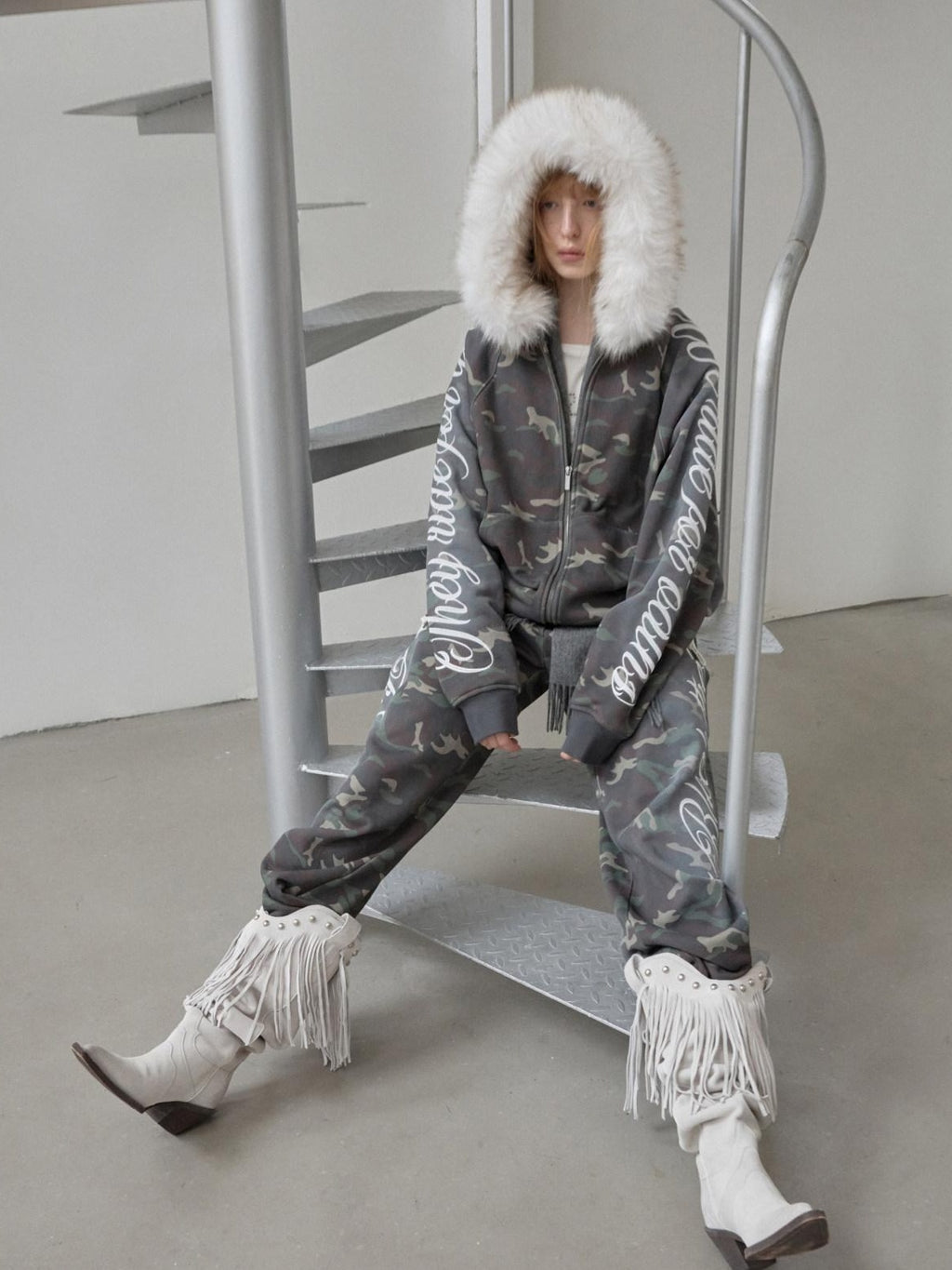 1JINN STUDIO Camouflage Embroidered Cotton Casual Long Sleeve Long Pants Top & Pants Sets