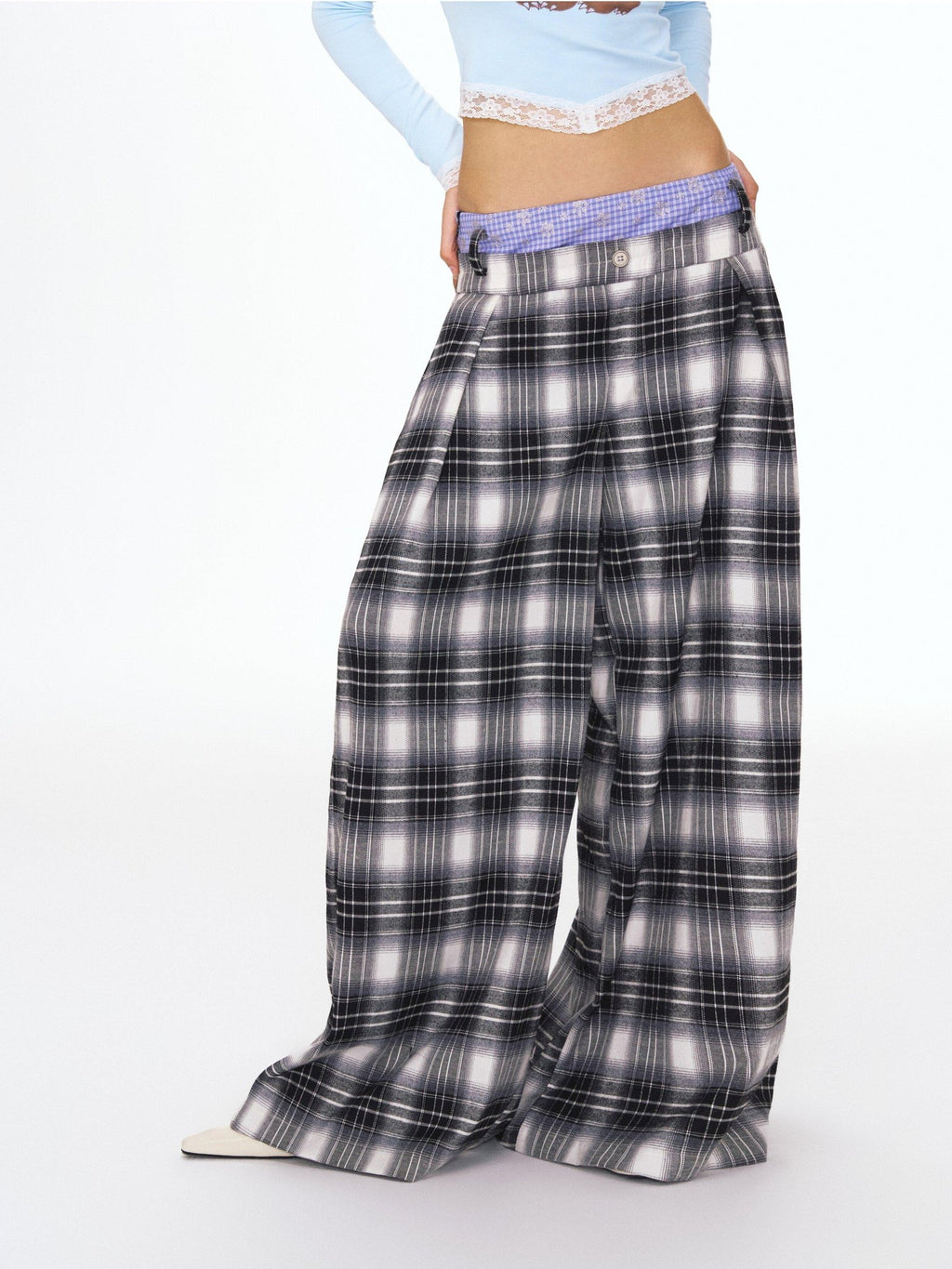 Double Waist Zipper Natural Waist Relaxed Plaid Polyester Stretch Wide Leg Pants