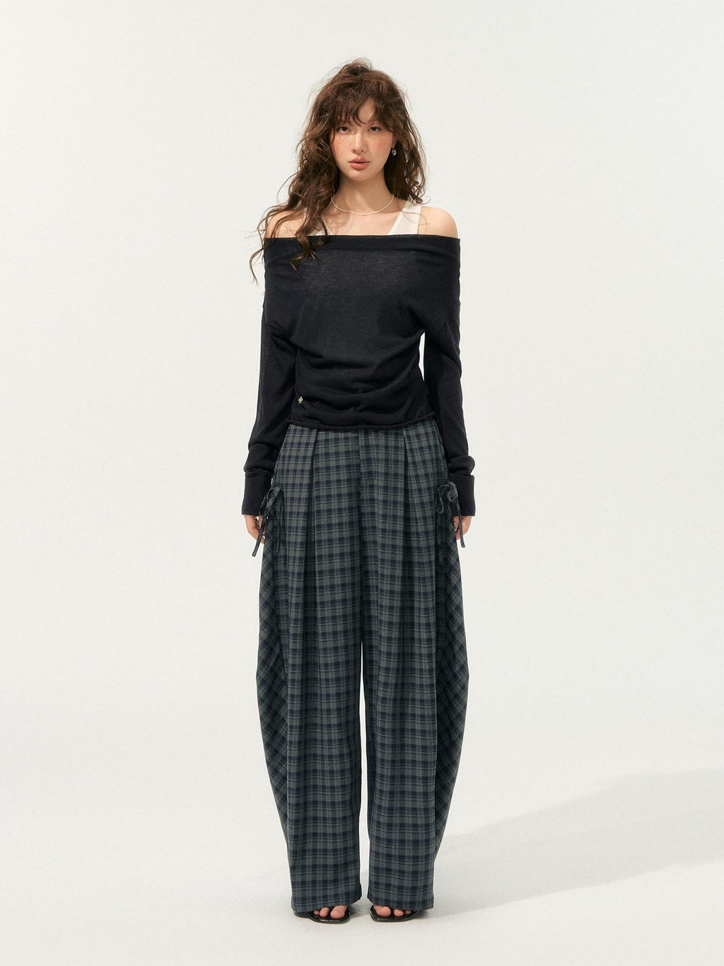SOMESOWE Plaid Pocket Loose Fit Natural Waist Button Grey Casual Women Wide Leg Pants