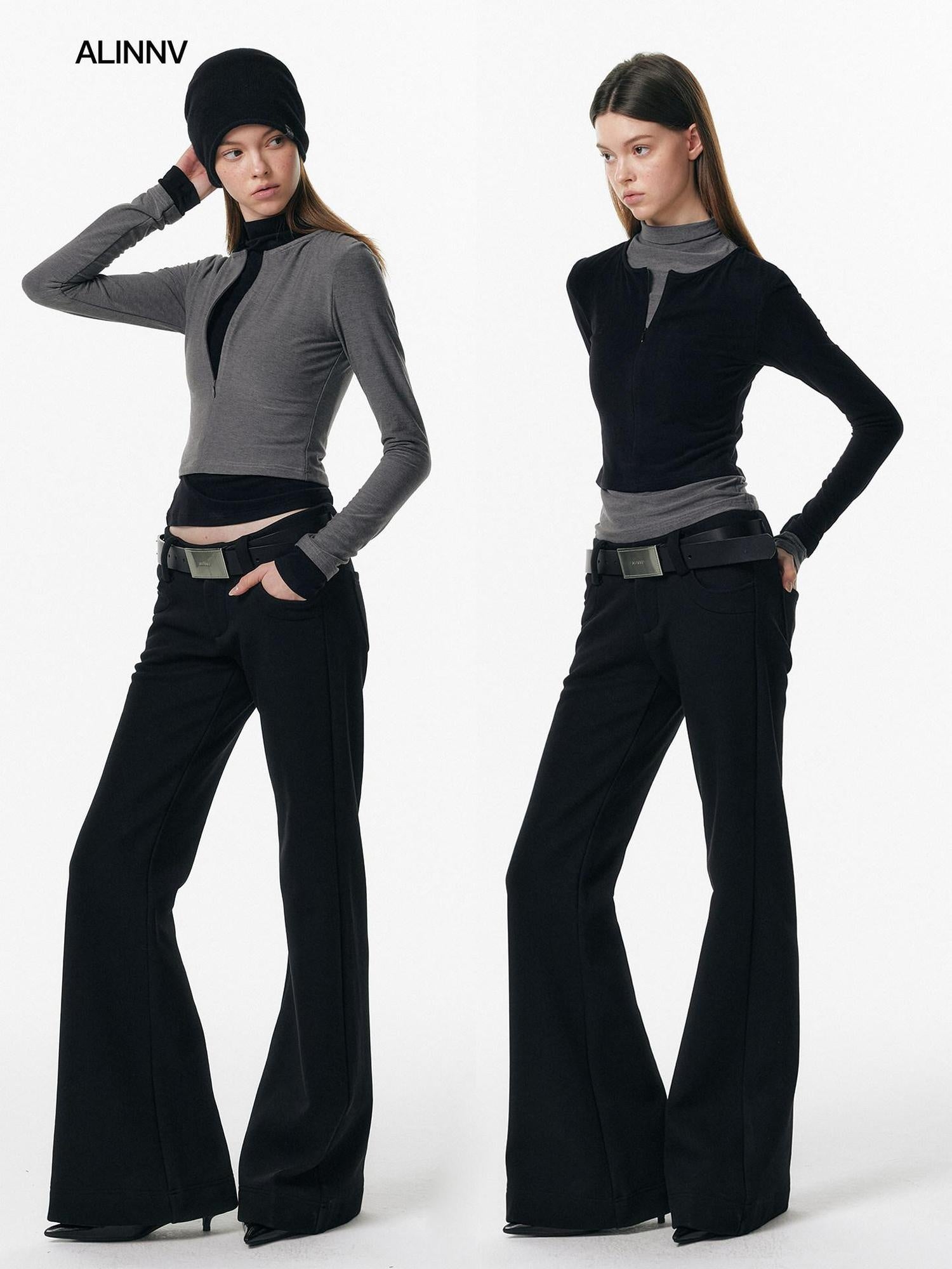 ALINNVSTUDIO Soft Zipper Slim Fit Short Collar Office Ladies Contrast Long Sleeve T-Shirts