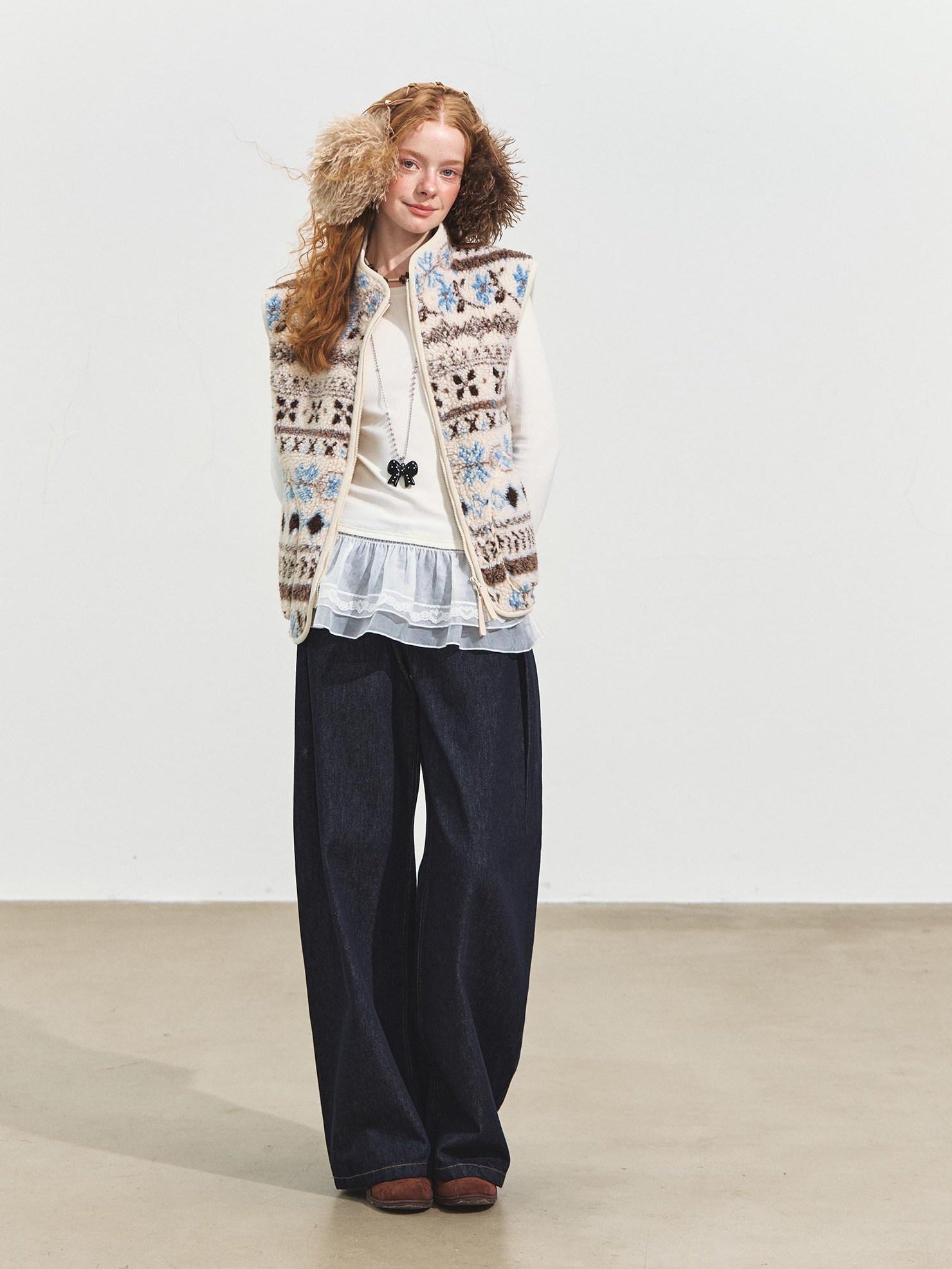 SOMESOWE Pleated Casual Natural Waist Loose Cotton Pocket Zip Blue Women Wide Leg Jeans