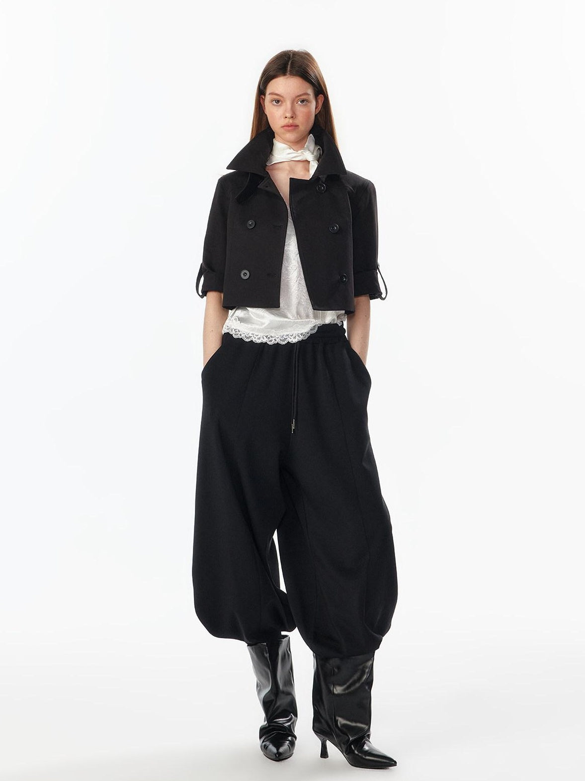 ALINNVSTUDIO Breathable Modal Loose Balloon Split Hem Natural Waist Women Black Sweatpants