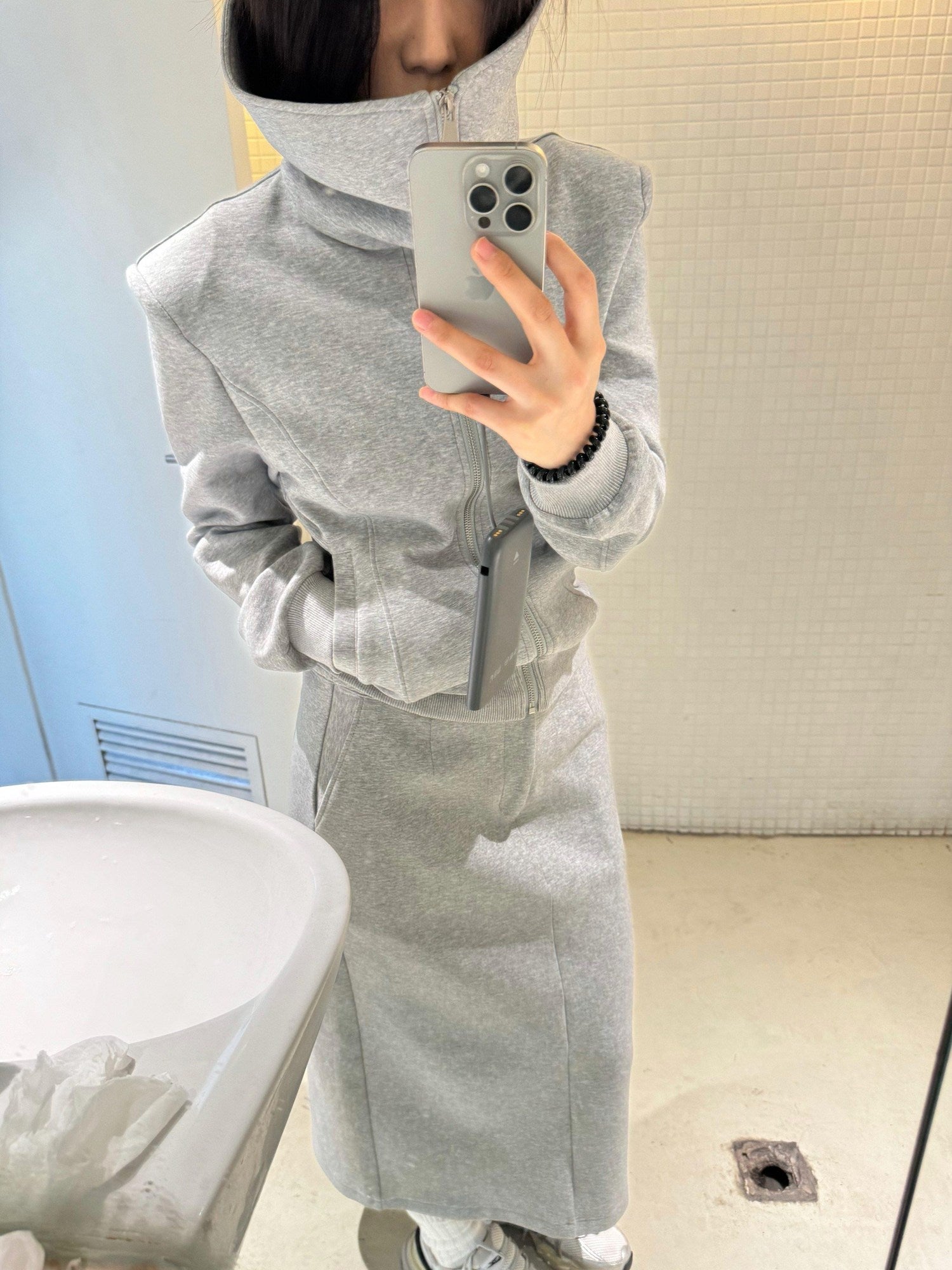 BUZHOU Zip Stand Collar Long Sleeve Stretch Cotton Commuter Grey Women Top & Skirt Sets