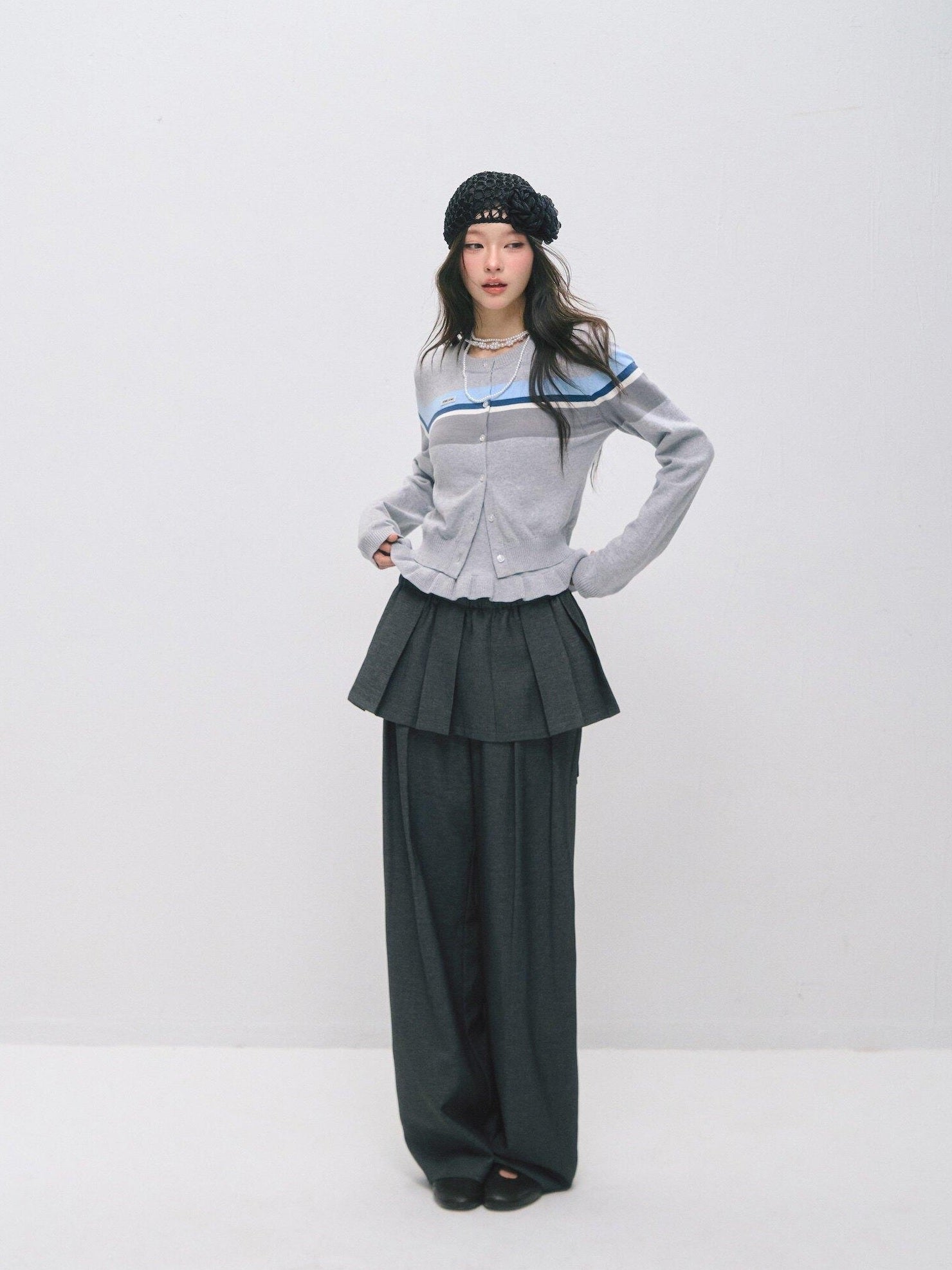 SOMESOWE Ruffle Collared Cardigan Long Sleeve Loose Fit Women Blue Top & Skirt Sets