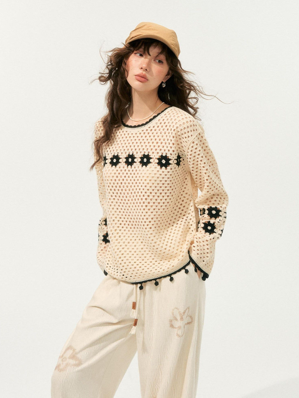 SOMESOWE Soft Acrylic Loose Openwork Knit Pullover Women Casual Round Neck Beige Sweaters