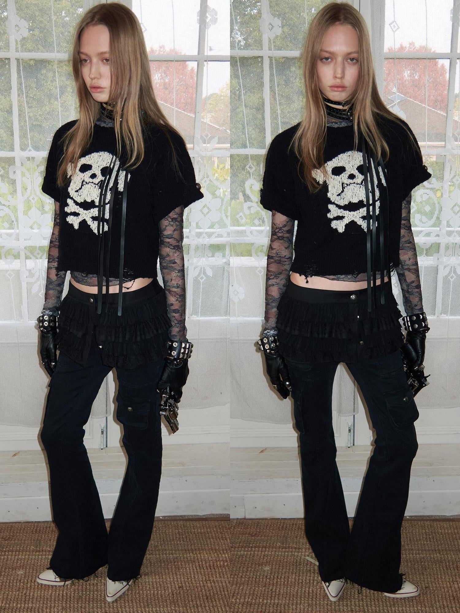 1JINN STUDIO Skull Graphic Punk Fitted Crew Neck Women Cotton Short Sleeve Basic Crop Tops