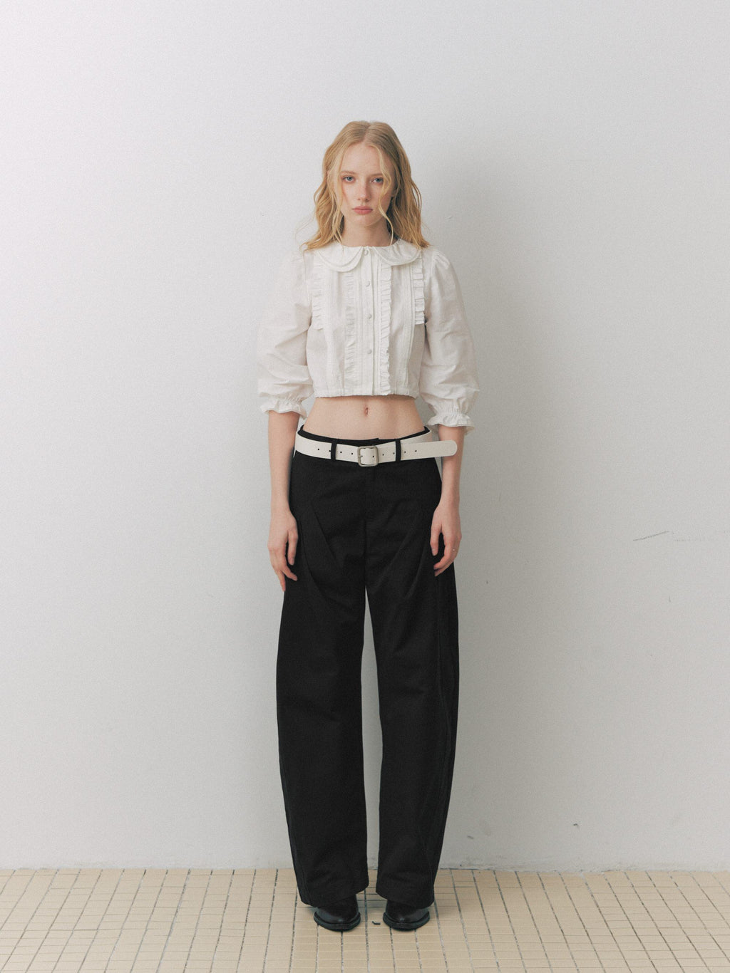 DeleteEx_Keeps_Shape_High_Waist_Cropped_Lace_Puff_Sleeve_Doll_Collar_Women_White_Blouses_MISSTT