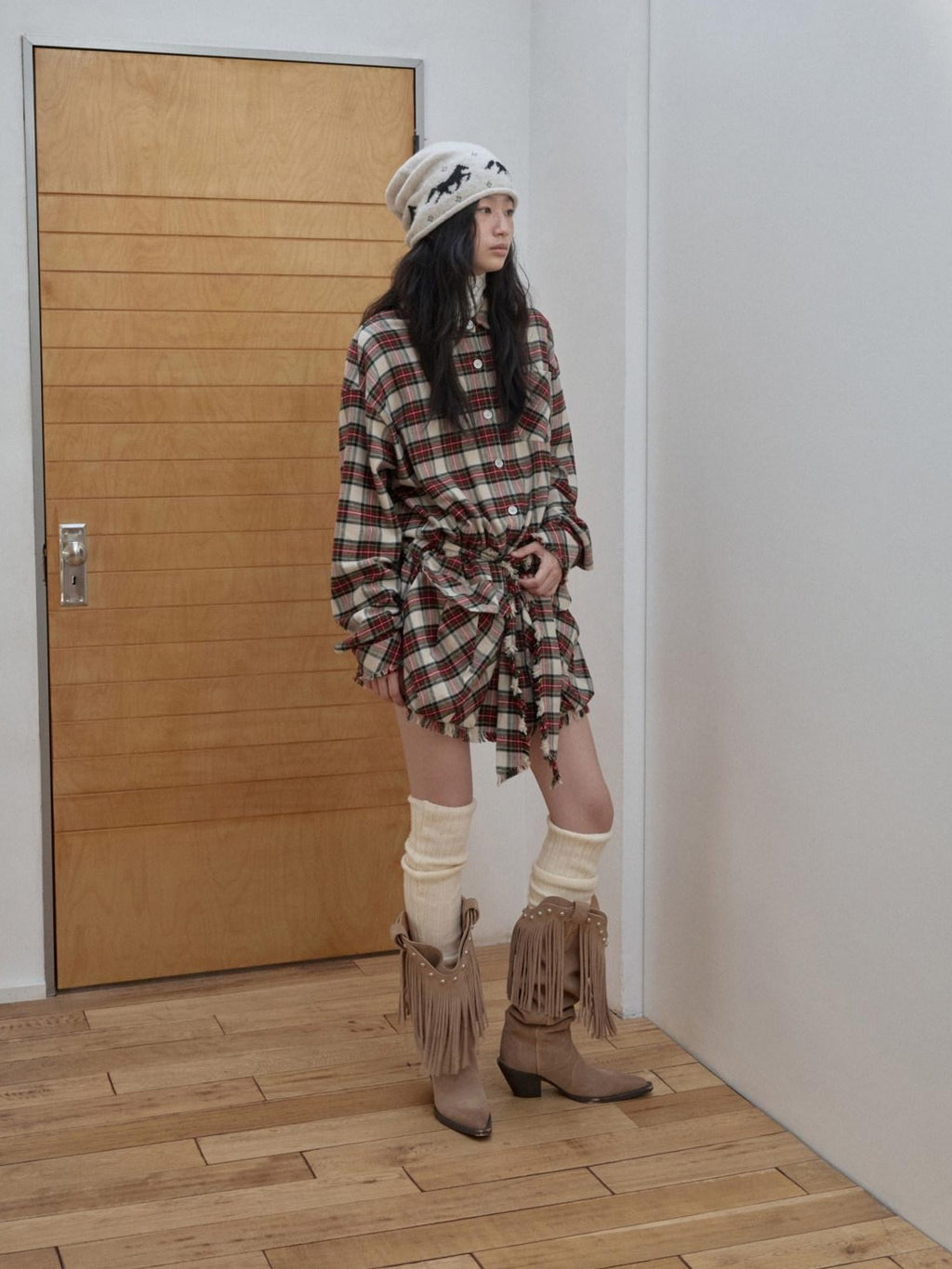 1JINN STUDIO Cotton Plaid Workwear Loose Straight Fit Long Sleeve Casual Women Mini Dresses