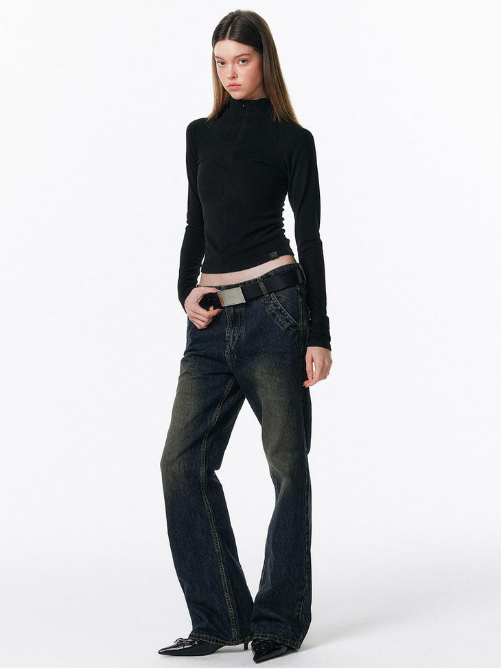 ALINNVSTUDIO Zip Half Collar Slim Commuter Ladies Black Olive Long Sleeve T-Shirts