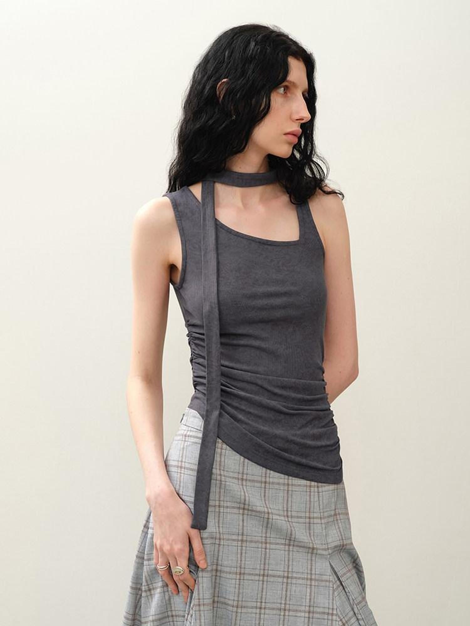 someonesometimes Asymmetric Original Design Slim Fit Viscose Blend Strappy Solid Tank Tops