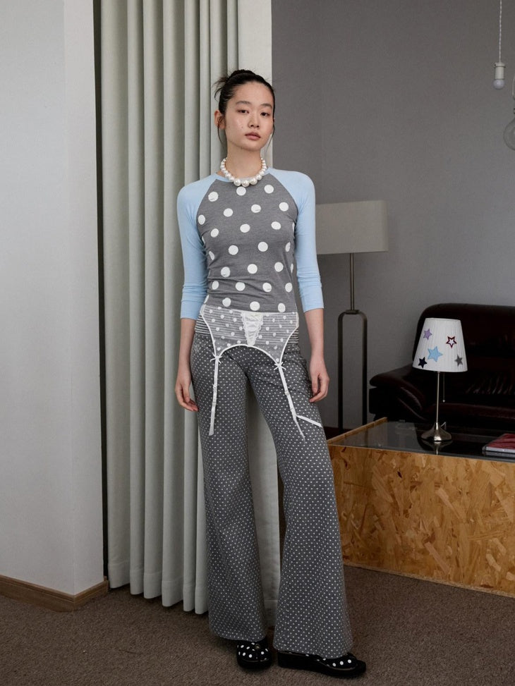 1JINN STUDIO Soft Stretch Viscose Slim Fit Cross Polka Patchwork Women Long Sleeve T-Shirts