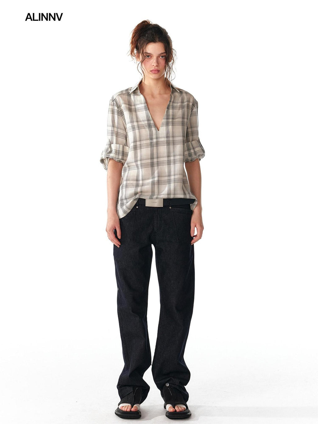 ALINNVSTUDIO Soft Lyocell Cupro Blend Oversized V-neck Button Front Plaid Casual Shirts