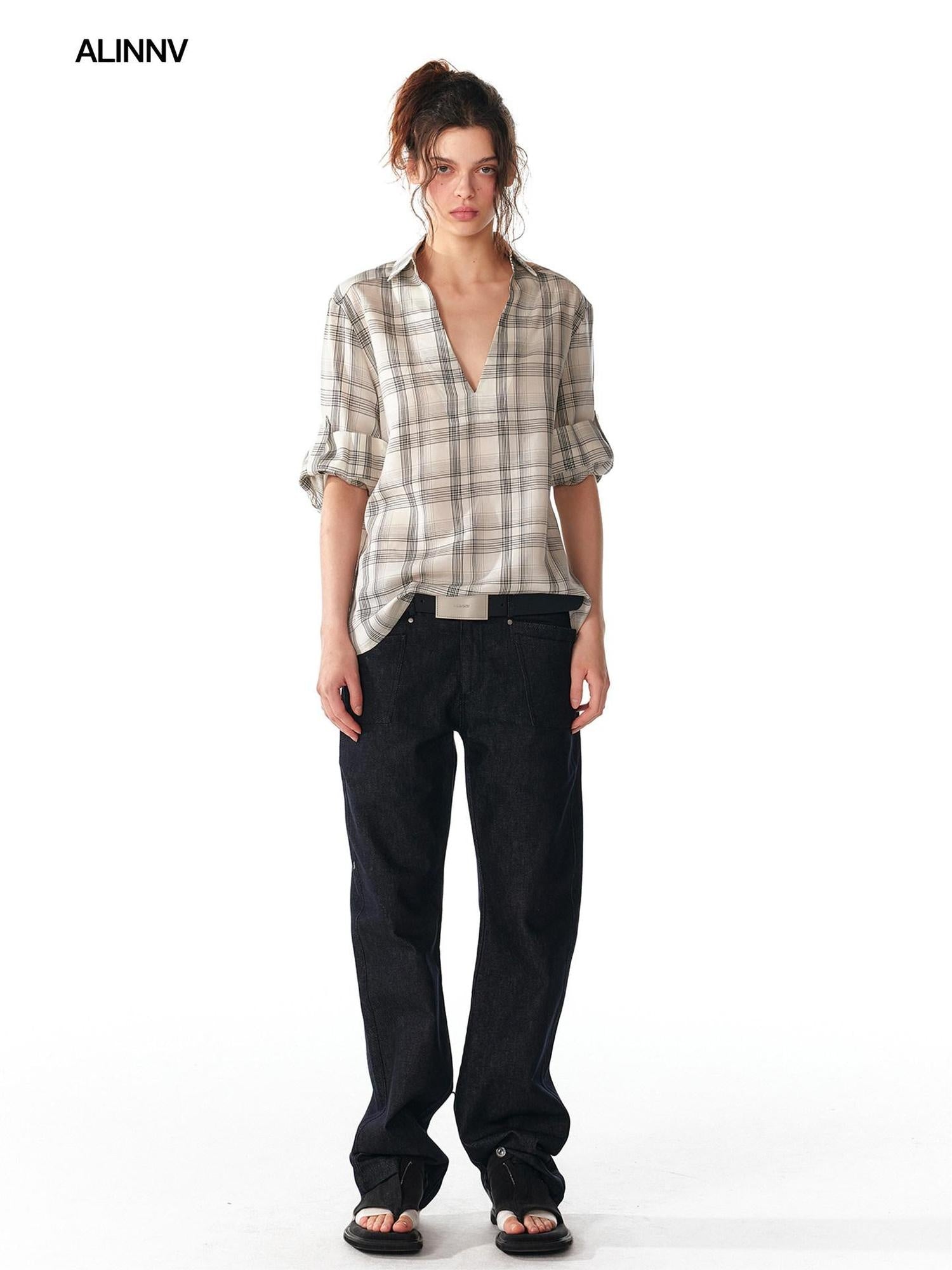 ALINNVSTUDIO Soft Lyocell Cupro Blend Oversized V-neck Button Front Plaid Casual Shirts