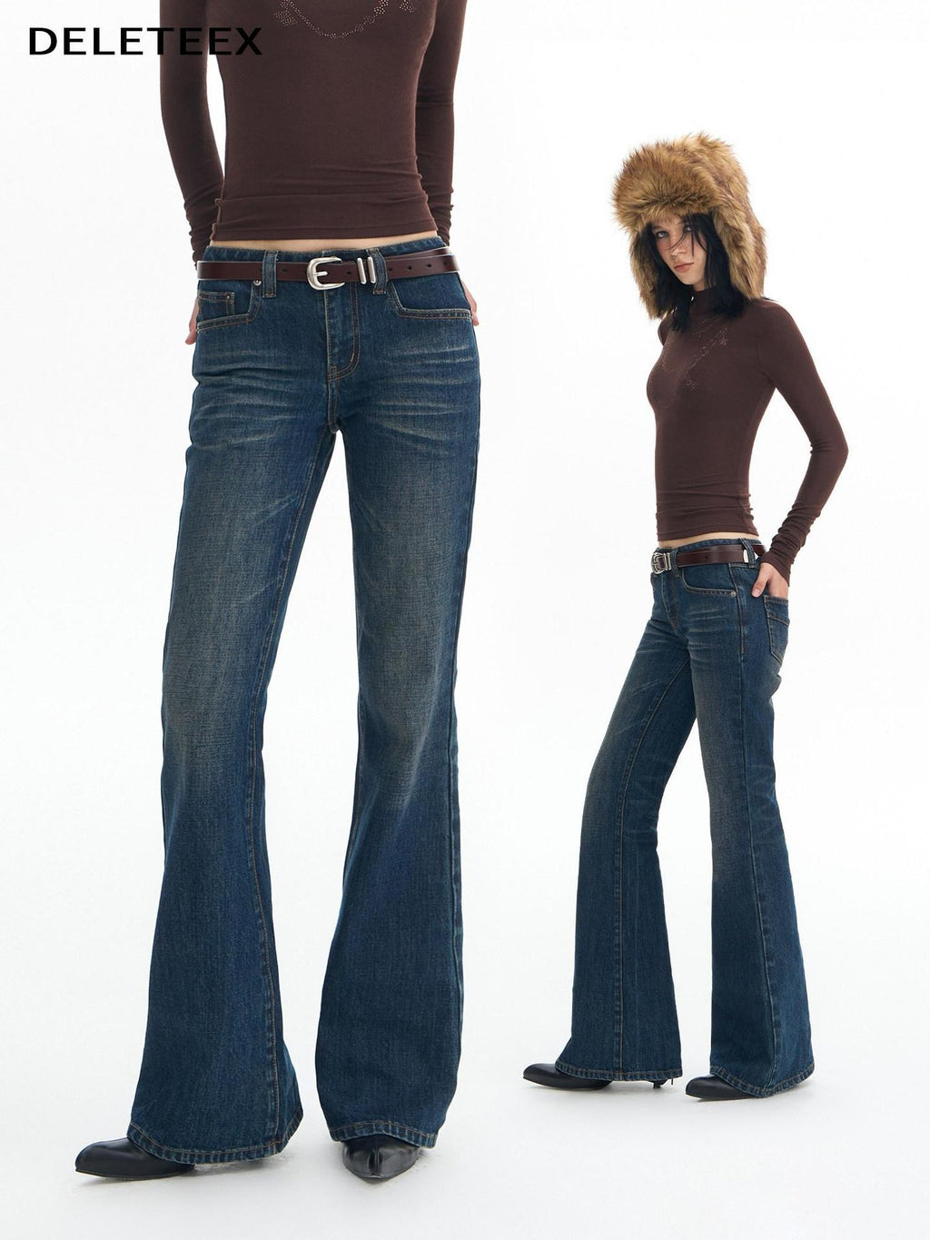 DeleteEx Washed Slim Low Rise Slight Stretch Sexy Girl Dark Blue Flared Jeans
