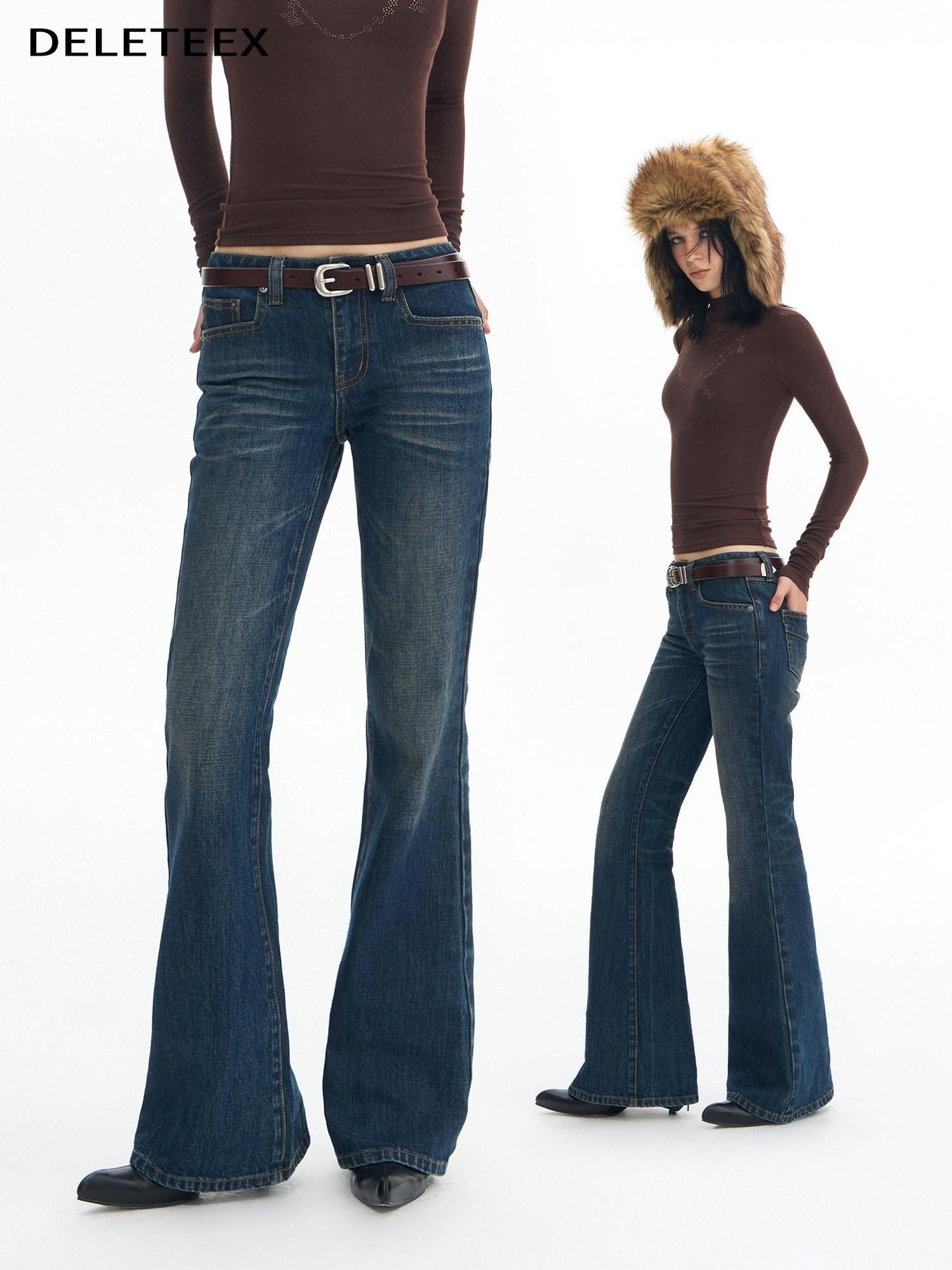 DeleteEx Washed Slim Low Rise Slight Stretch Sexy Girl Dark Blue Flared Jeans