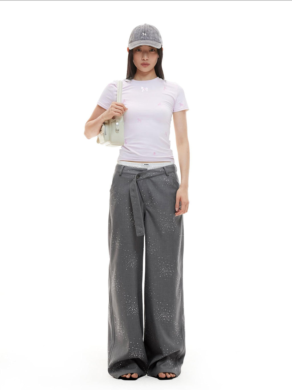 NAWSNOTAWEAR Rhinestone Low Rise Relaxed Women Button Closure Mist Gray Wide Leg Pants