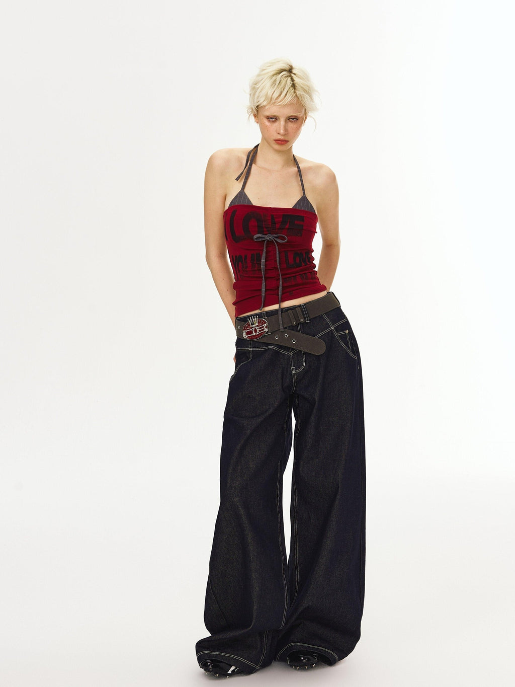 DeleteEx Dark Indigo Original Denim Relaxed Natural Waist Loose Casual Wide Leg Jeans