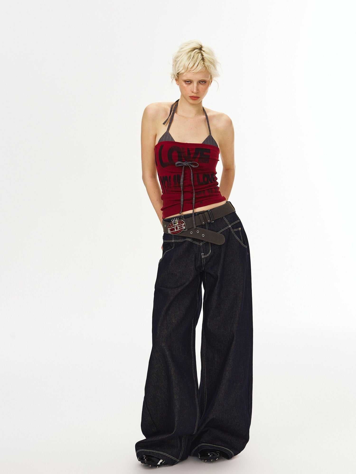 DeleteEx Dark Indigo Original Denim Relaxed Natural Waist Loose Casual Wide Leg Jeans