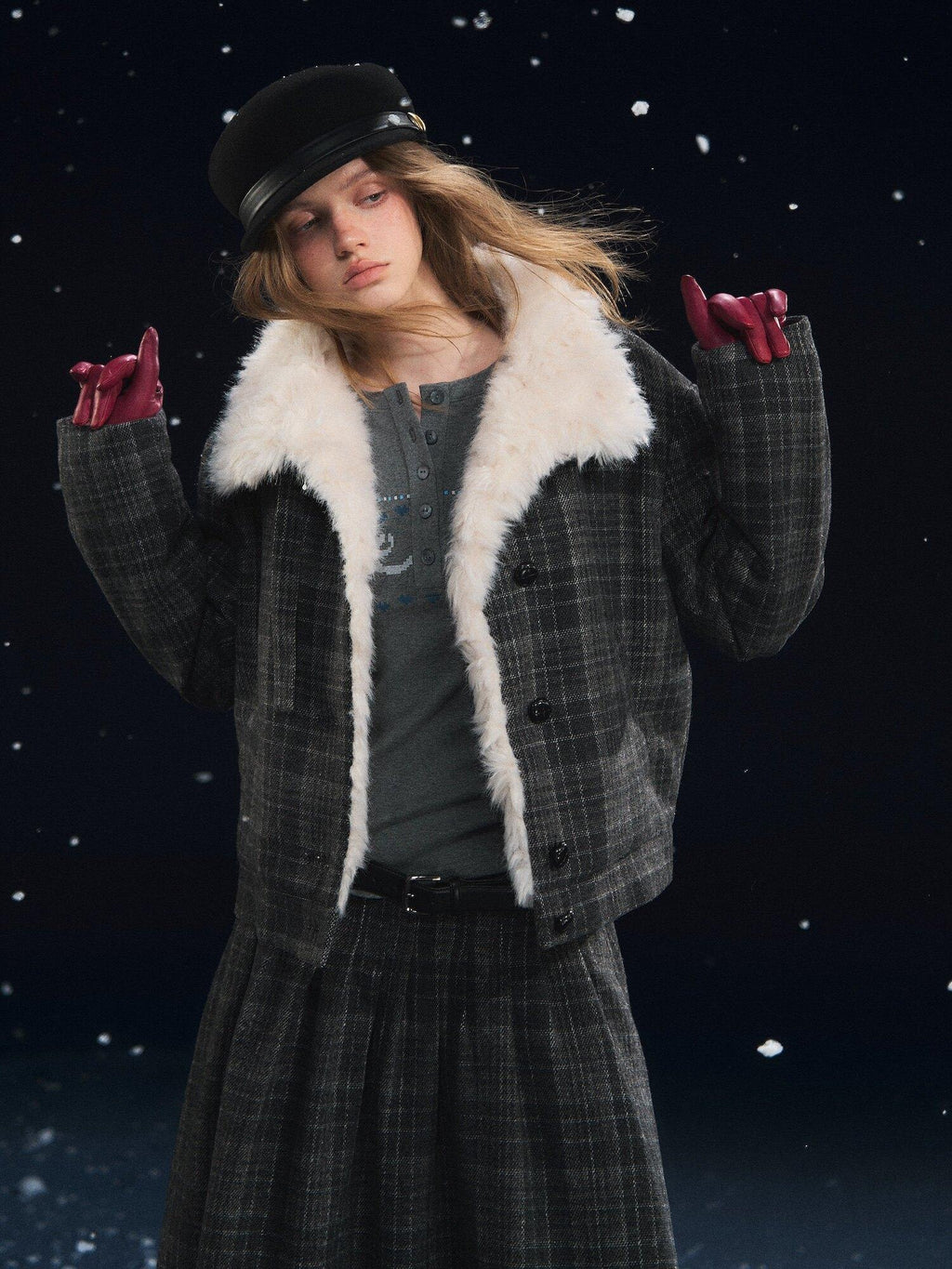 SOMESOWE Plaid Patchwork Oversized Jacket Loose Button Front Women Top & Skirt Sets