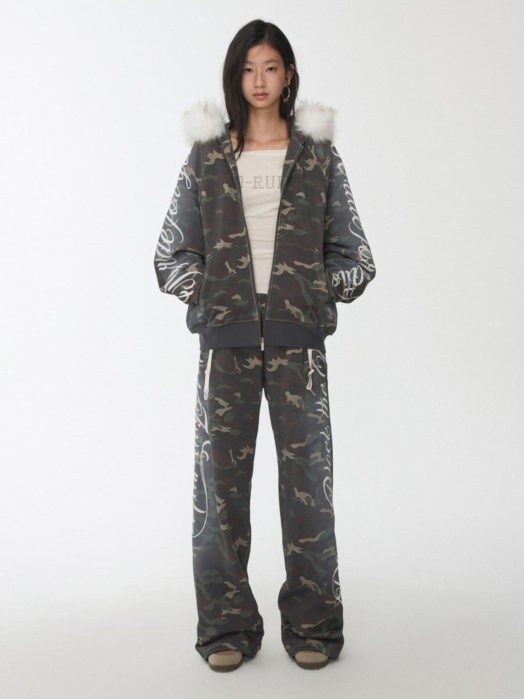 1JINN STUDIO Camouflage Embroidered Cotton Casual Long Sleeve Long Pants Top & Pants Sets