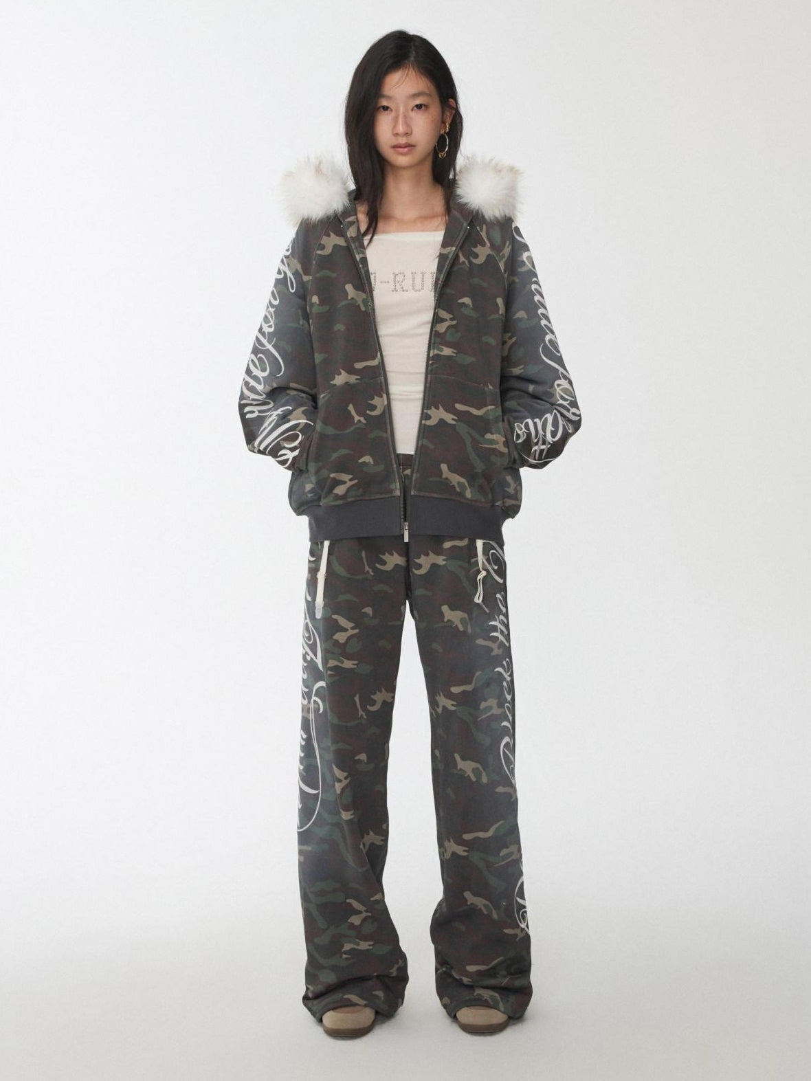 1JINN STUDIO Camouflage Embroidered Cotton Casual Long Sleeve Long Pants Top & Pants Sets