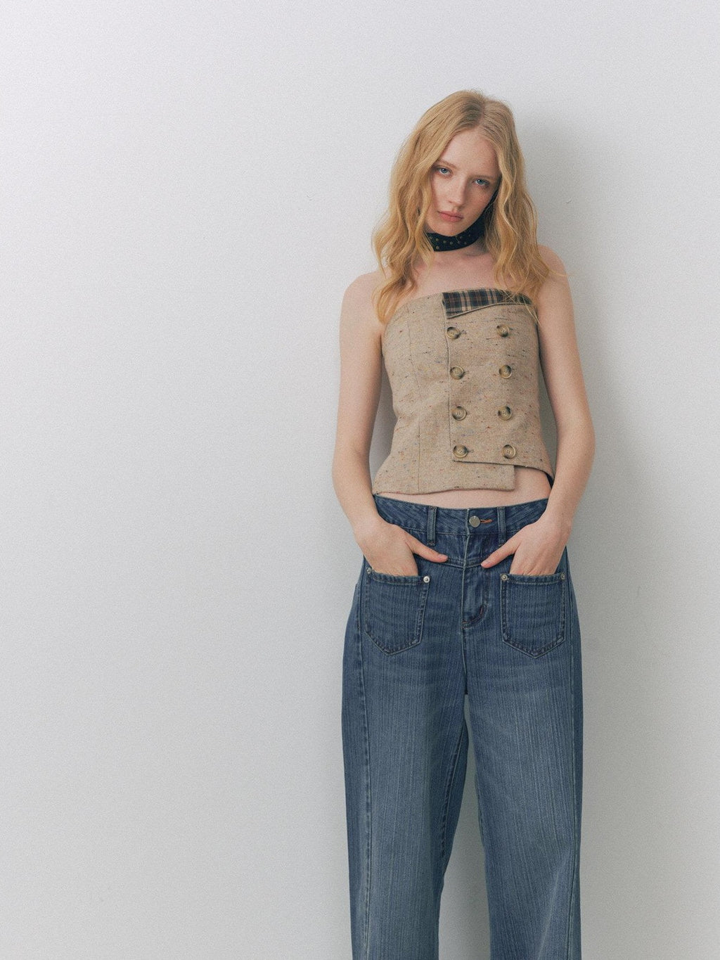 DeleteEx Plaid Patchwork Slim Fit Cropped Original Design Women Light Camel Tube Tops